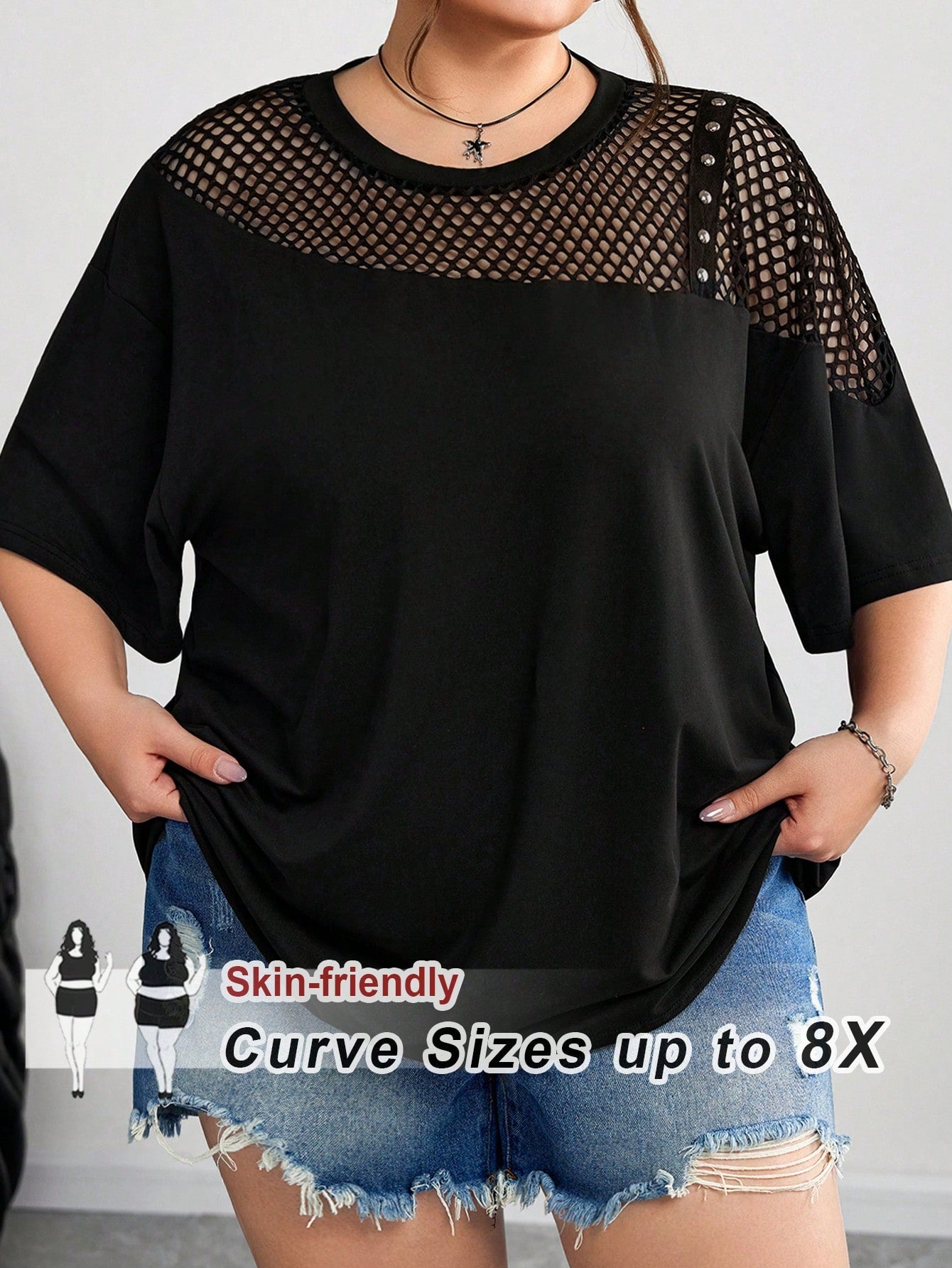 CURVE+ Plus Size Mesh Splice Loose Fit Asymmetric Neck T-Shirt, Spring/Summer/Plus Size T Shirt/Graphic Tees