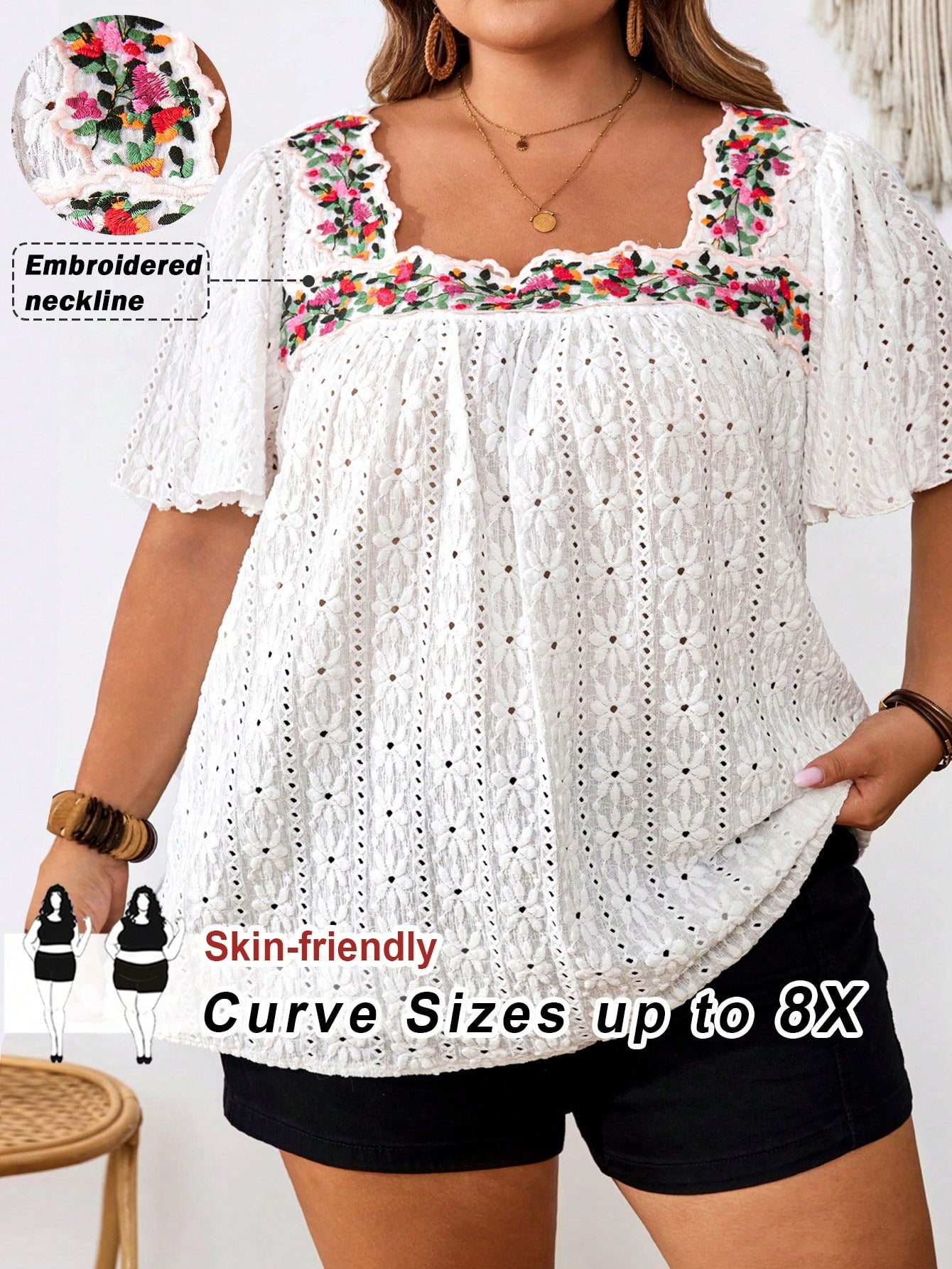 CURVE+ Plus Size White Square Neckline Embroidered Fashionable Top For Woman,Boho Summer Vacation Holiday Bachelorette Party Beach Graduation Tea Party