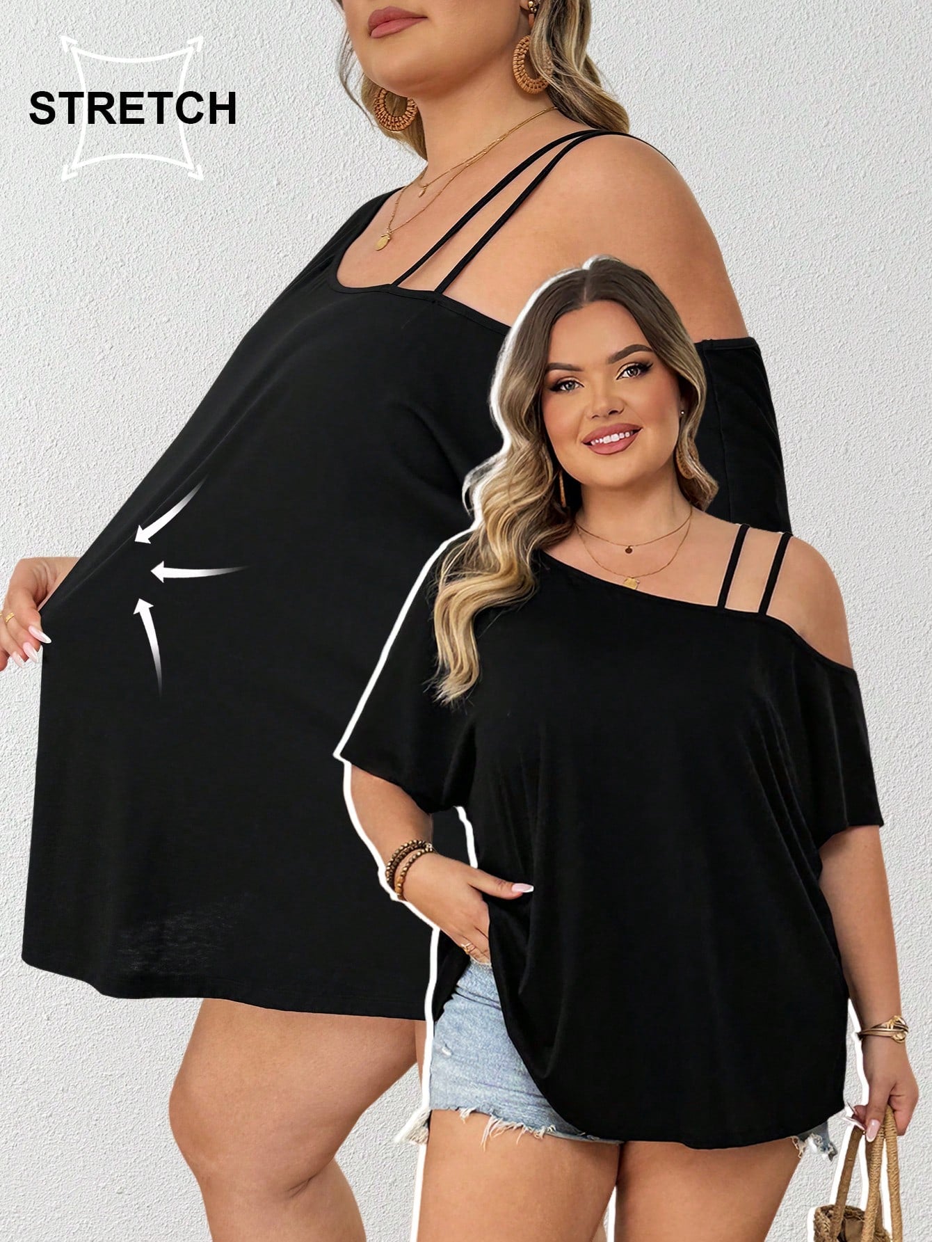 CURVE+ Plus Size Women Black Print Round Neck Short Sleeve Casual Sexy Loose T-Shirt, Spring/Summer Going Out