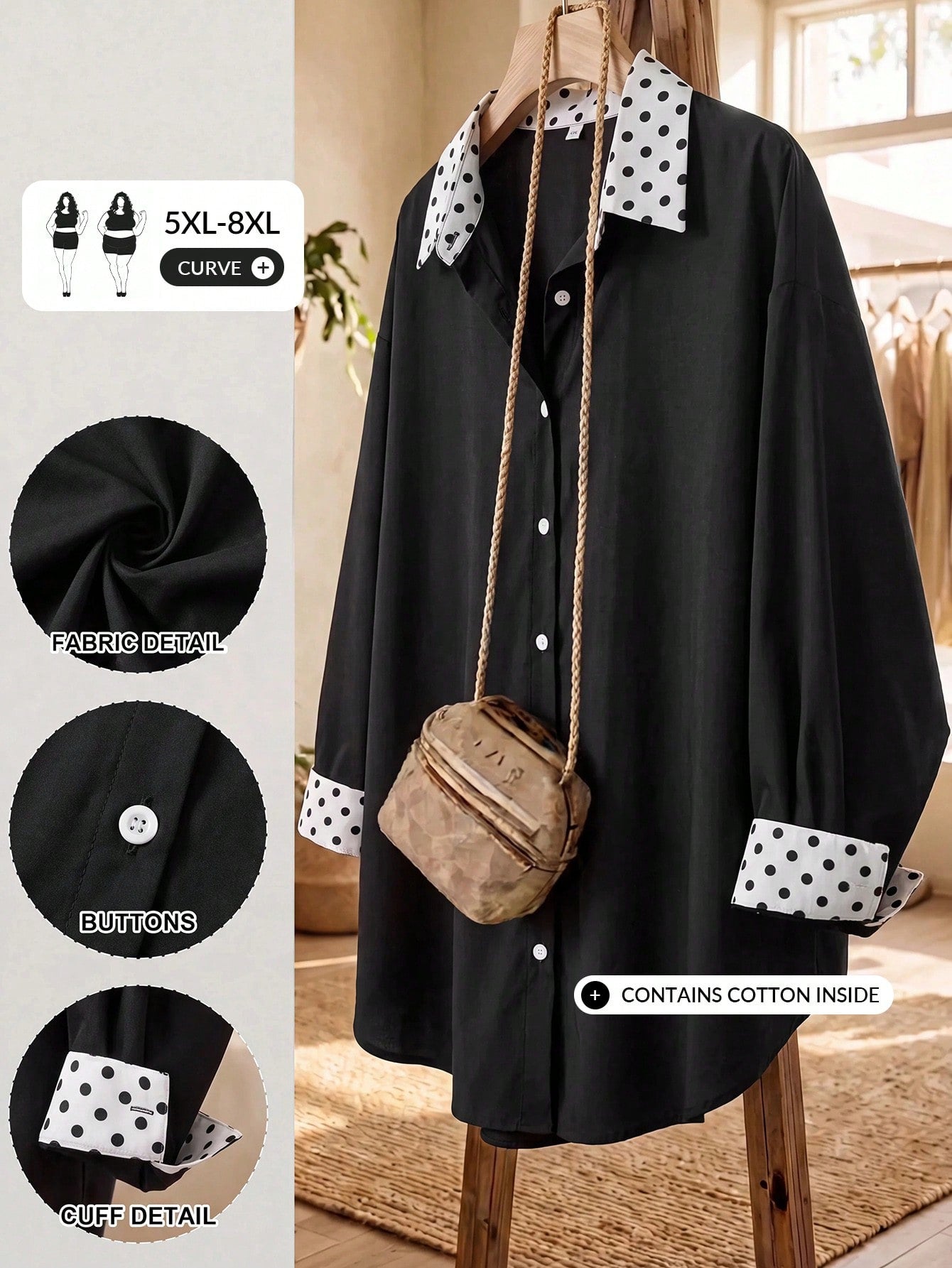 CURVE+ Plus Size Women's Autumn Casual Traditional Teachers' Day Geometric Print Long Sleeve Casual Loose Comfy Shirt,Thanks Office Formal Black