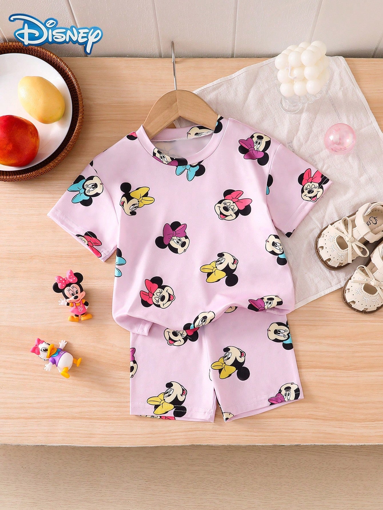 Disney Summer Baby Girl 2pcs Set Cute Mickey Mouse Minnie Print Short Sleeve Shorts Outfit Casual Children Daily Basic Cartoon Print Knit Round Neck Short Sleeve Elastic Waist Pants Outdoor Vacation C