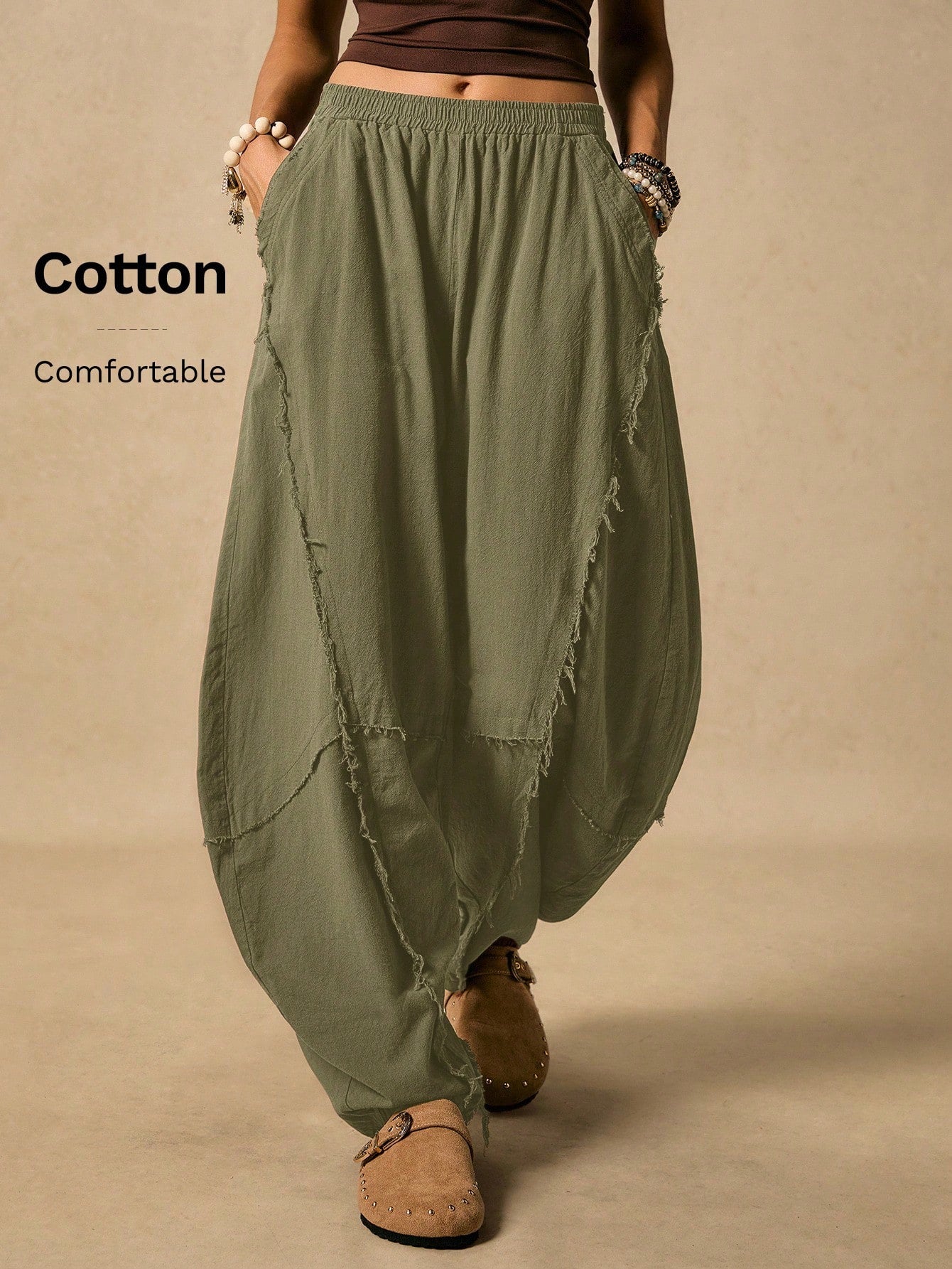 Easelle Women's Frayed Hem Military Green Knit Flare Pants Boho Pants For Women Harem Pants Women Loose Pants