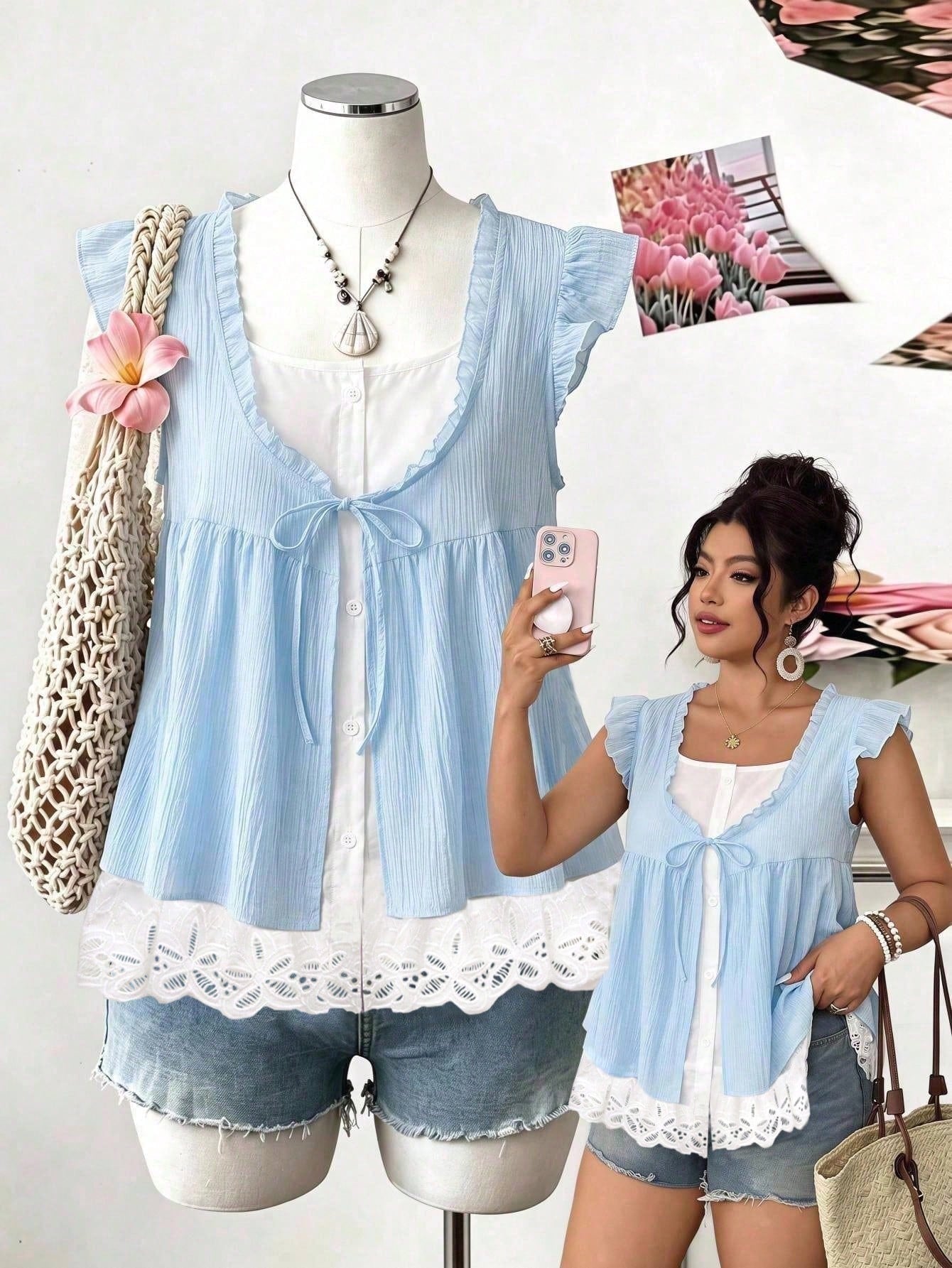 Elenzga Summer New Blue Polka Dot Ruffle Trim Front Bow Tie French Sweet Romantic Vacation 2pcs Women's Shirts