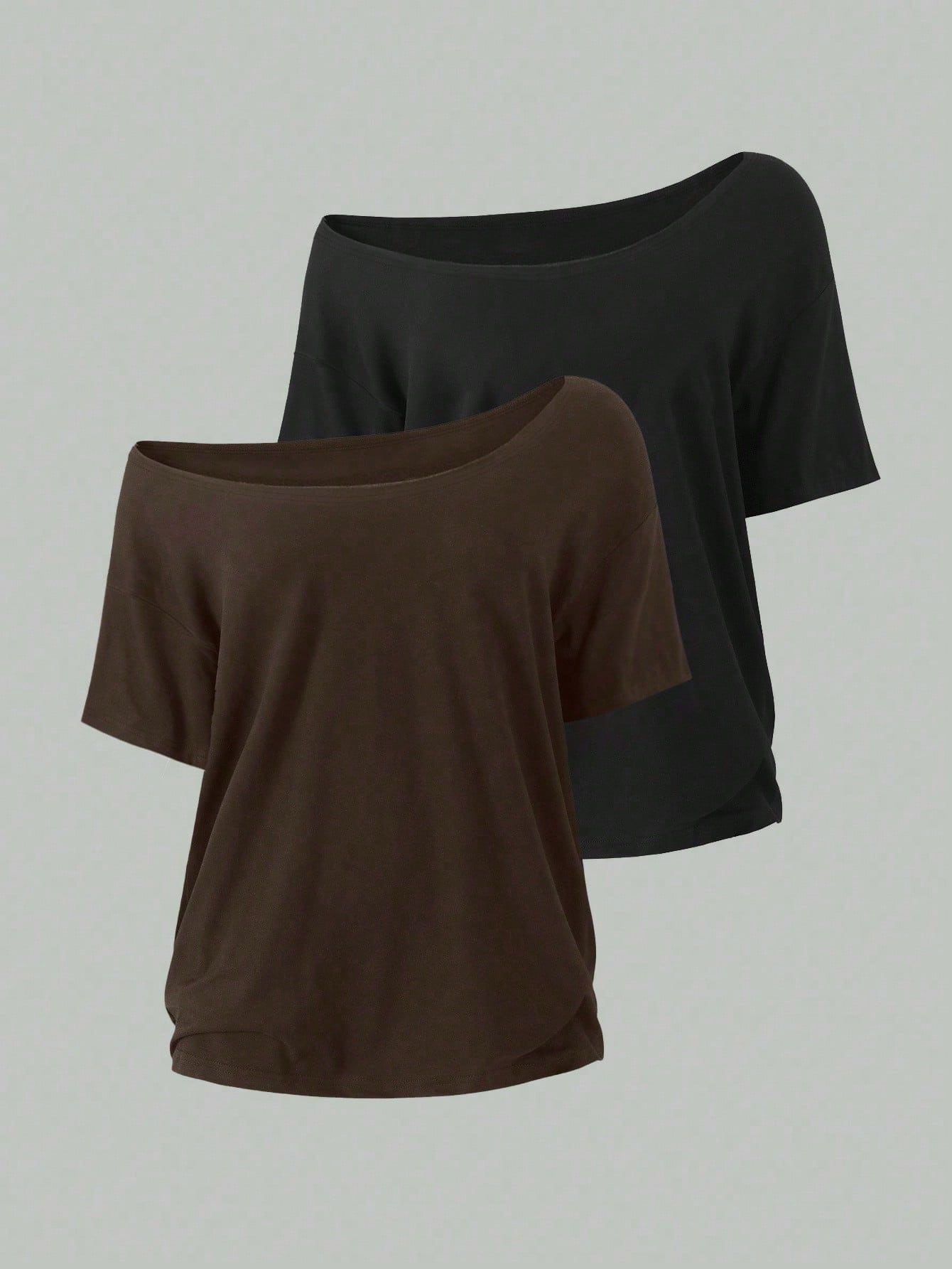 EMERY ROSE 2pcs/Set Oblique Shoulder Loose T-Shirt,Asymmetric Shoulder Off-Shoulder T-Shirt, Plus Size Women's Top