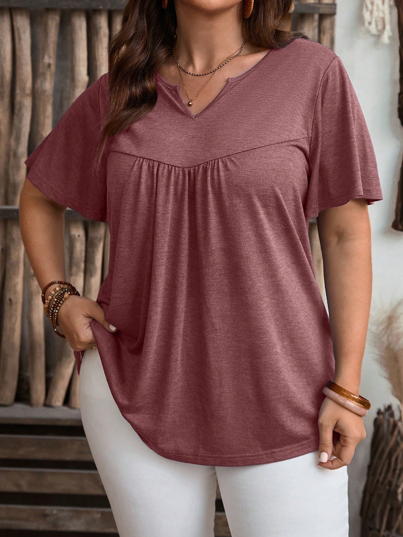 EMERY ROSE Plus Size Women's Solid Color V-Neck Short Sleeve Casual T-Shirt