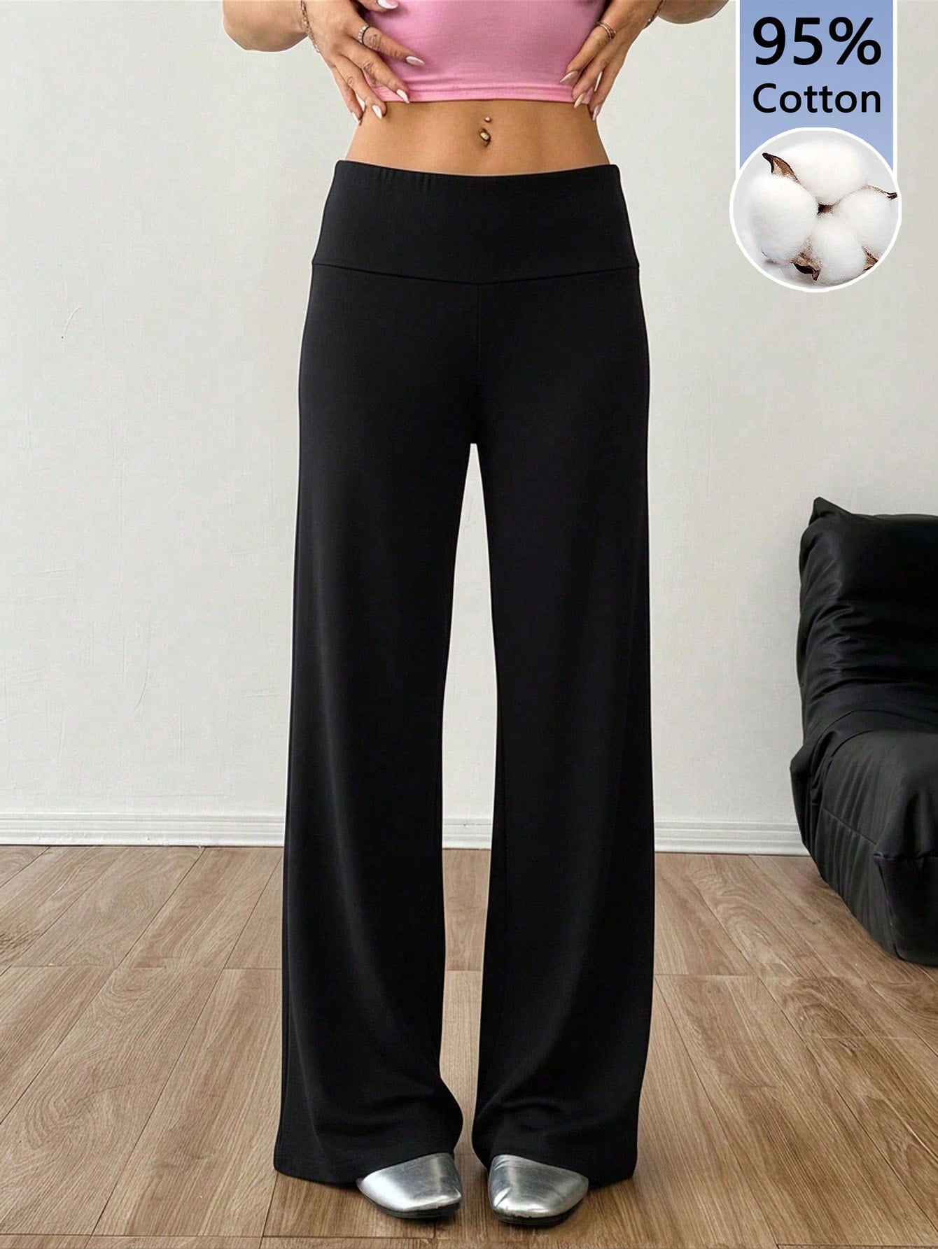 EZwear Black High Waist Wide Leg Loose Casual Pants