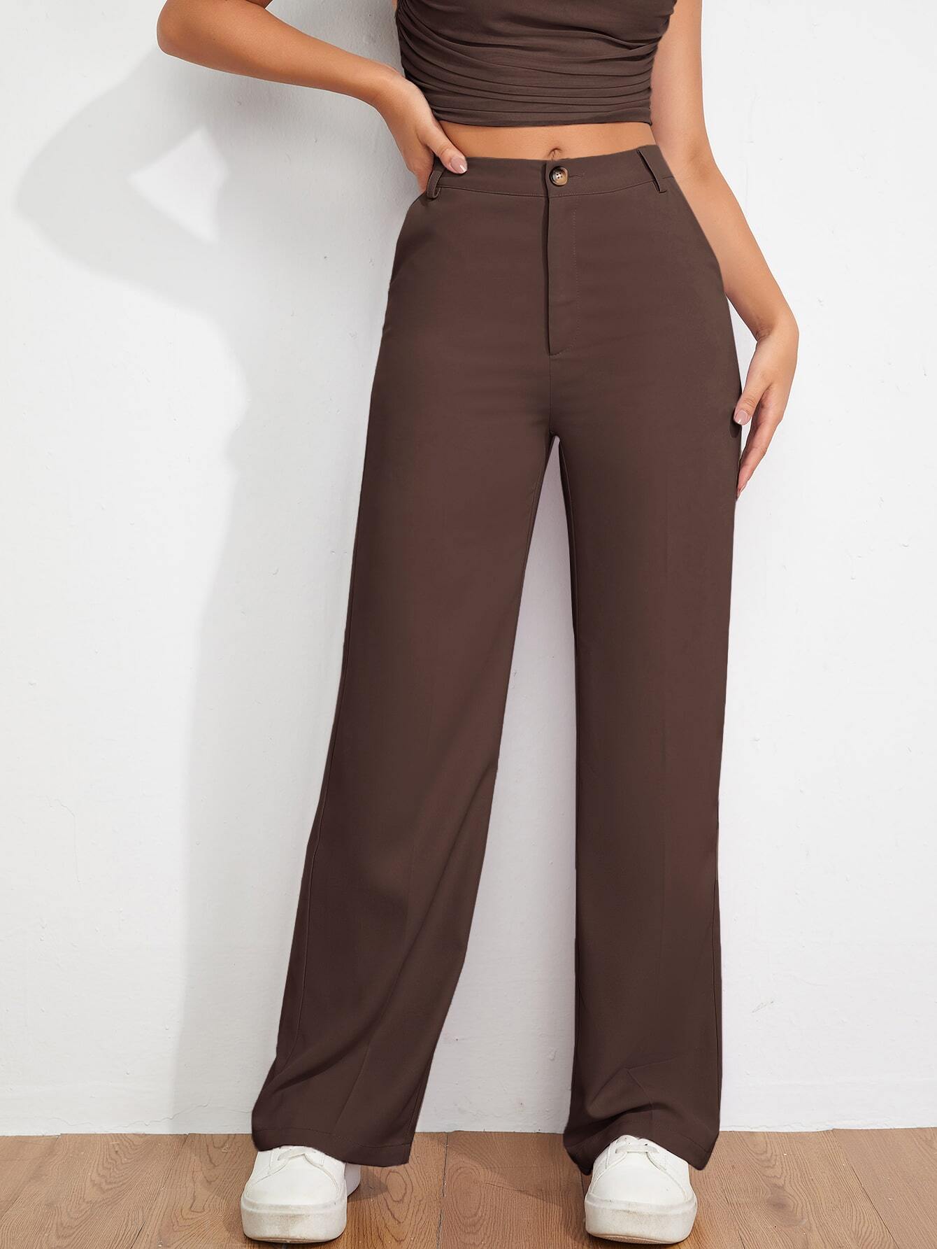 EZwear Spring And Autumn Solid Brown Zipper Fly Fitted Straight Pants
