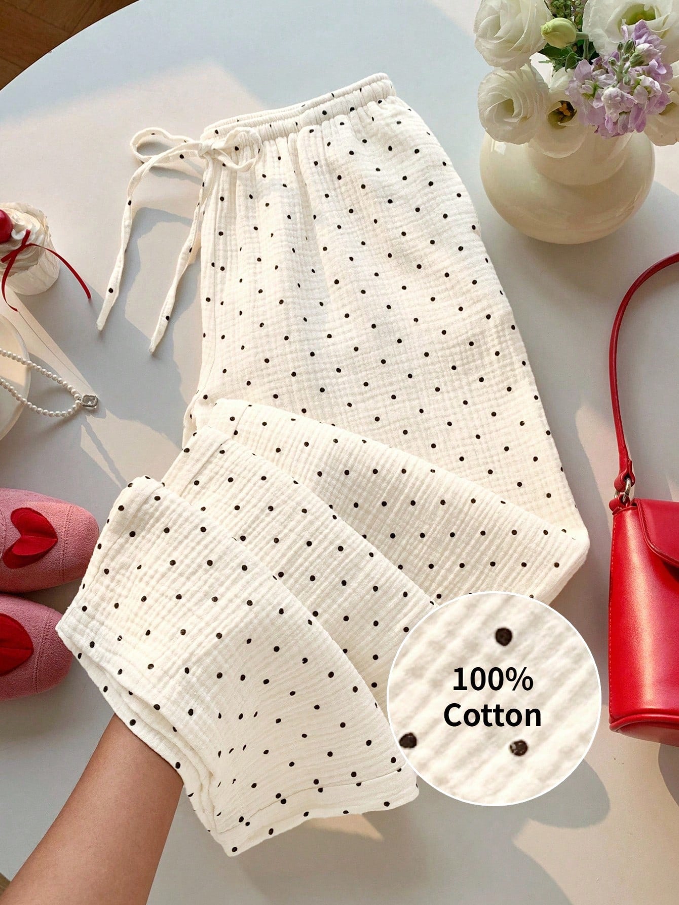 EZwear Women's Woven Polka Dot Pattern Tie Waist Wide Leg Pants Cotton Women White Summer For Vacation