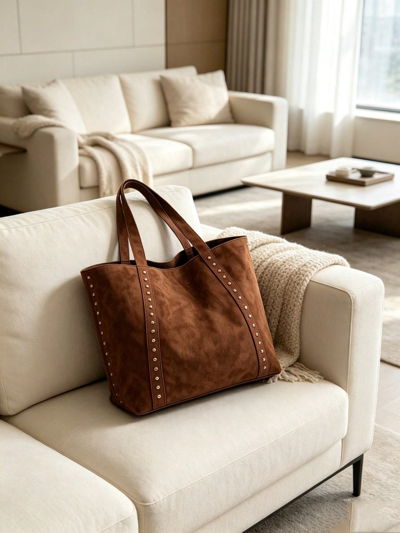 Fashionable Large Capacity Suede Tote Bag For Women, Minimalist Niche Design Rivet Shoulder Bag, Casual Versatile Vintage Underarm Bag, European And American College Style Large Bag For Women