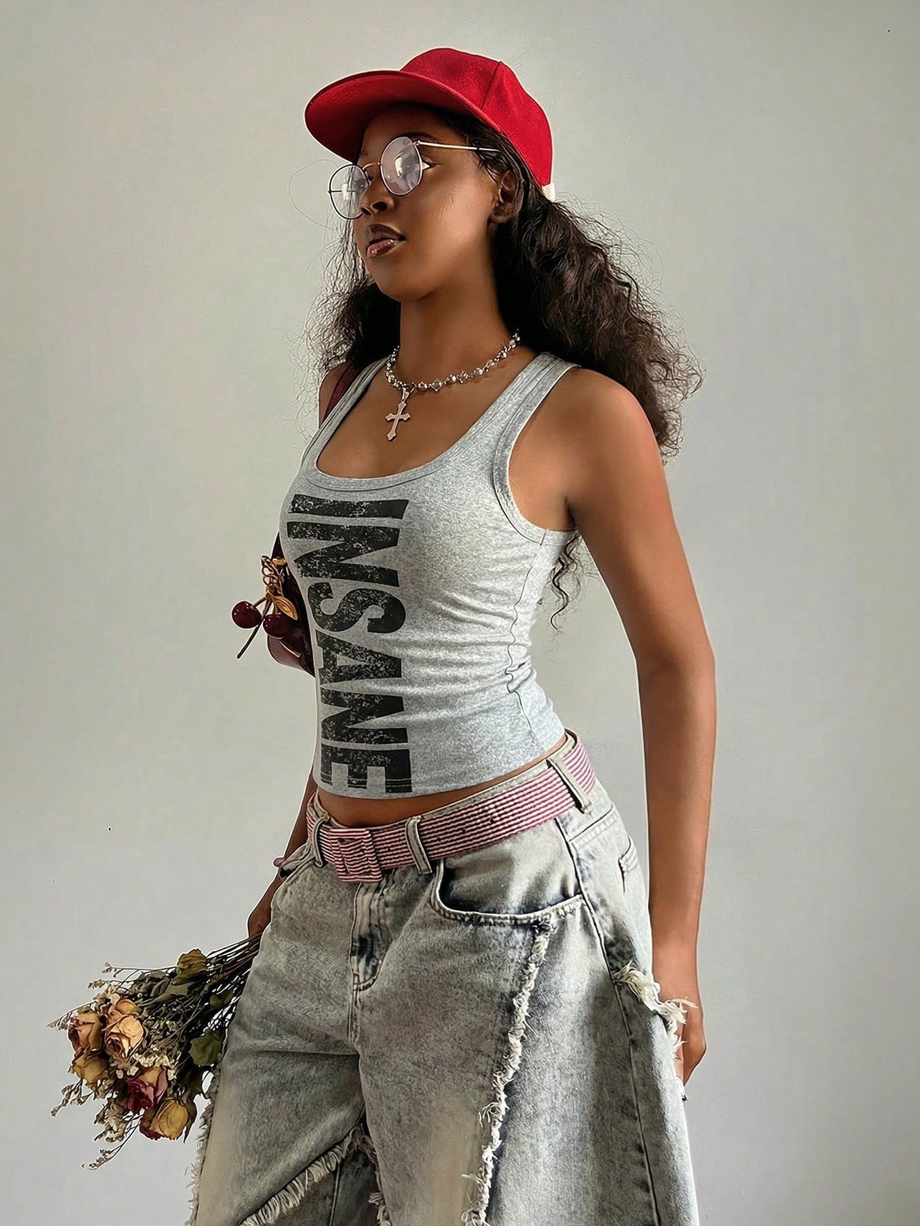Fiercella Fiercella Women's U-Neck White Wasteland Style Printed Fitted Comfortable Streetwear Y2K Sexy Camisole Top, Spring/Summer