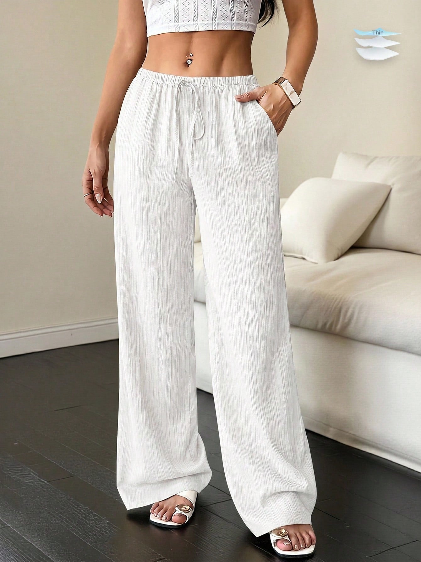 Flirla Women's Solid Color Twist Pocket Casual Loose Pants