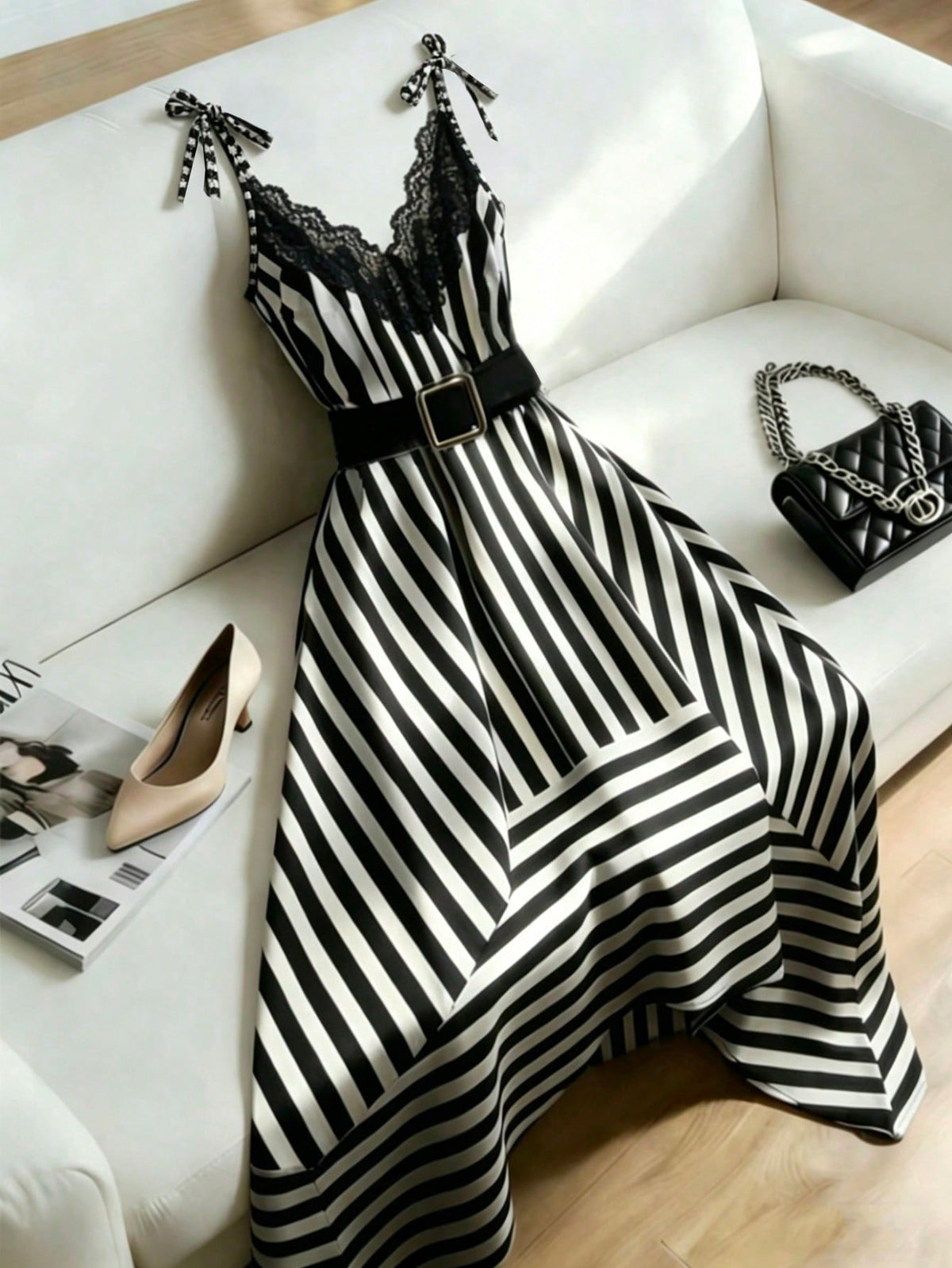 Franclia Women's Elegant Lace A-Line Dress,Black And White Striped Print Summer Vacation Outfits,Graduation Party Wedding Guest Birthday Dresses