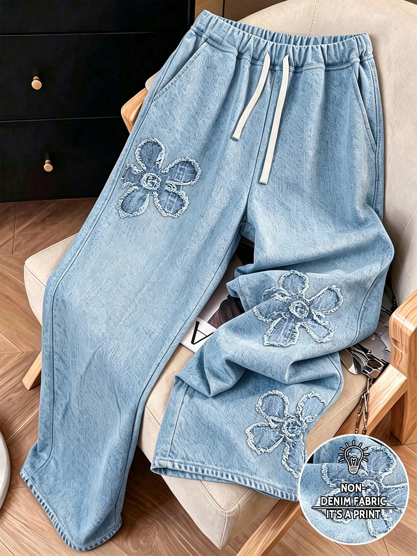 Franclia Women's Fashionable Floral Print Straight Leg Jeans, Versatile Casual Streetwear Pants