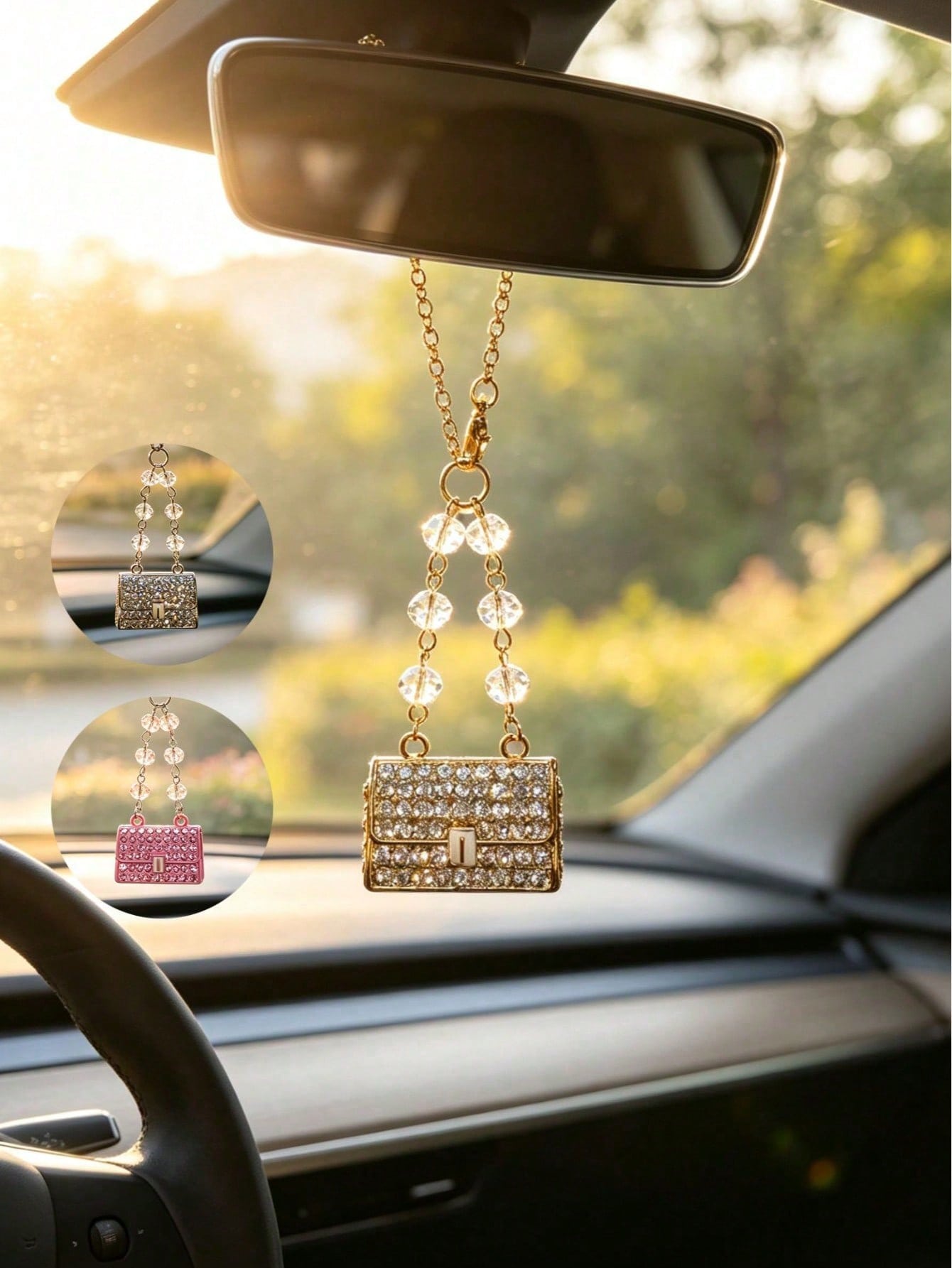 Full Rhinestone Mini Small Bag Car Rearview Mirror Pendant, Transparent Crystal Chain Luxury Sparkling Rhinestone Women's Car Interior Decoration Charm