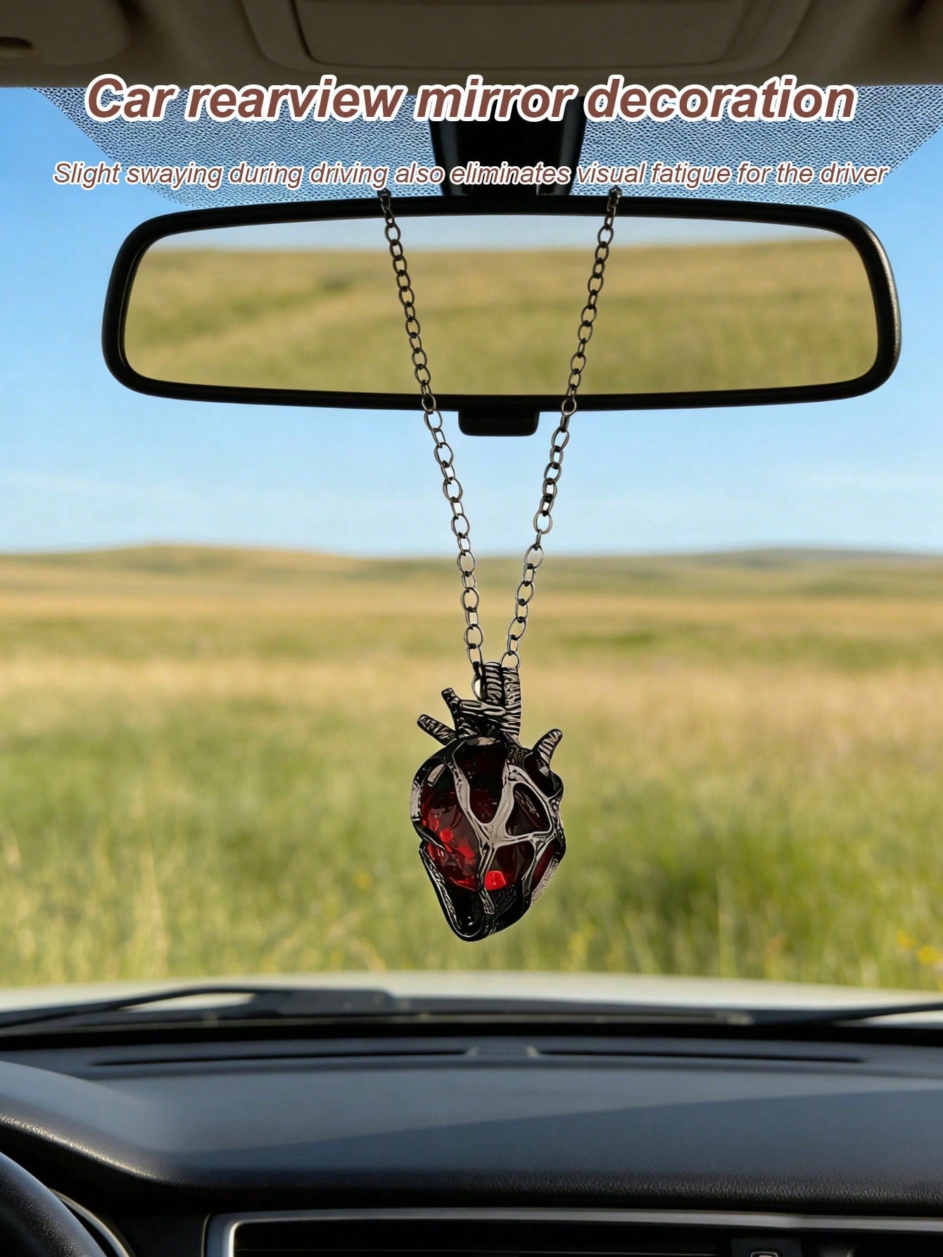 Gothic Style Heart-Shaped Car Pendant With Red & Blue Glass Core- Couple Necklace Charm, Romantic Valentine's Day Gift, Can Be Used As Rearview Mirror Decor And Fashion Accessory