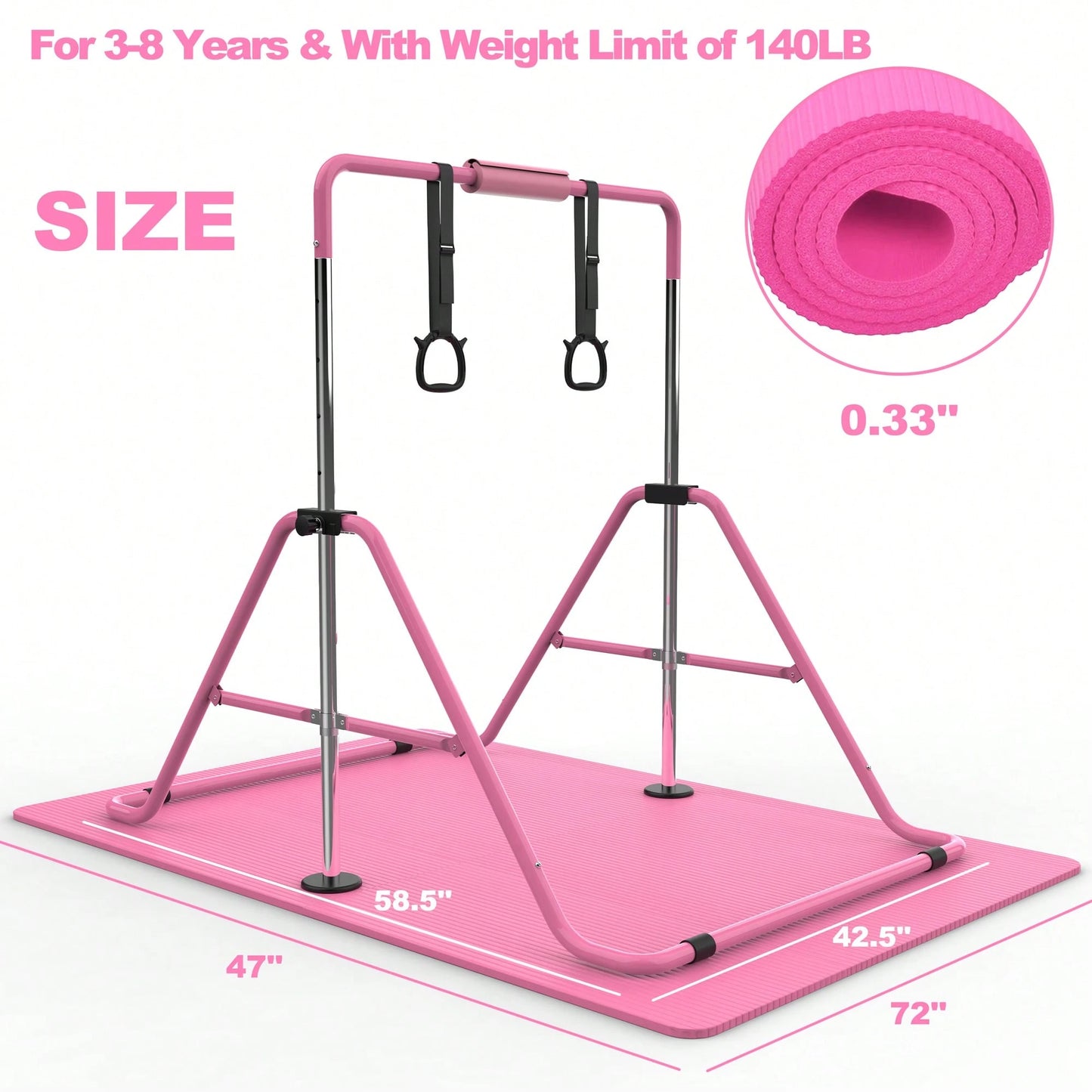 Gymnastics Bar For Kids, Gymnastics Horizontal Bar With Adjustable Height Foldable Training Bar With Mat For Home Practice