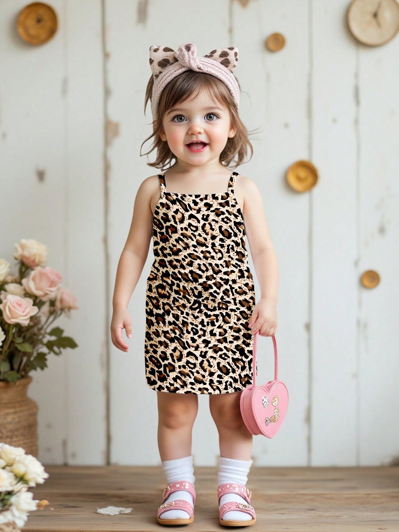 Happikins Cute Retro Classic Leopard Print Dress, Baby Girl Casual Sleeveless Snug Fit Dress, Suitable For Summer