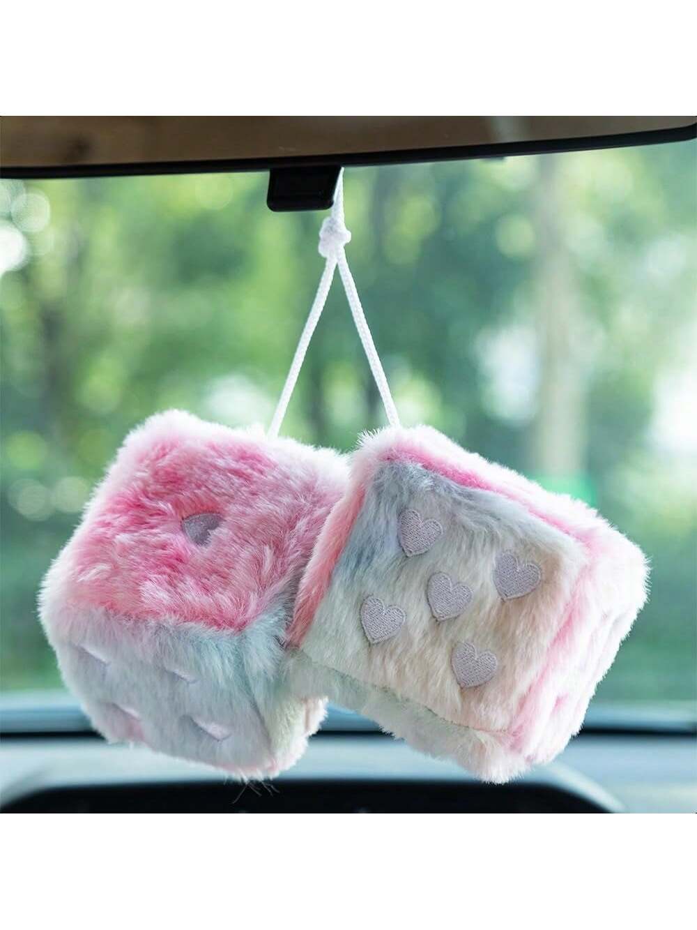 Heart Embroidered Baby Pink Fuzzy Plush Dice- 3-Inch Decorative Car Mirror Hanging Ornaments, Soft Foam, Easy Install, Great Gift Idea