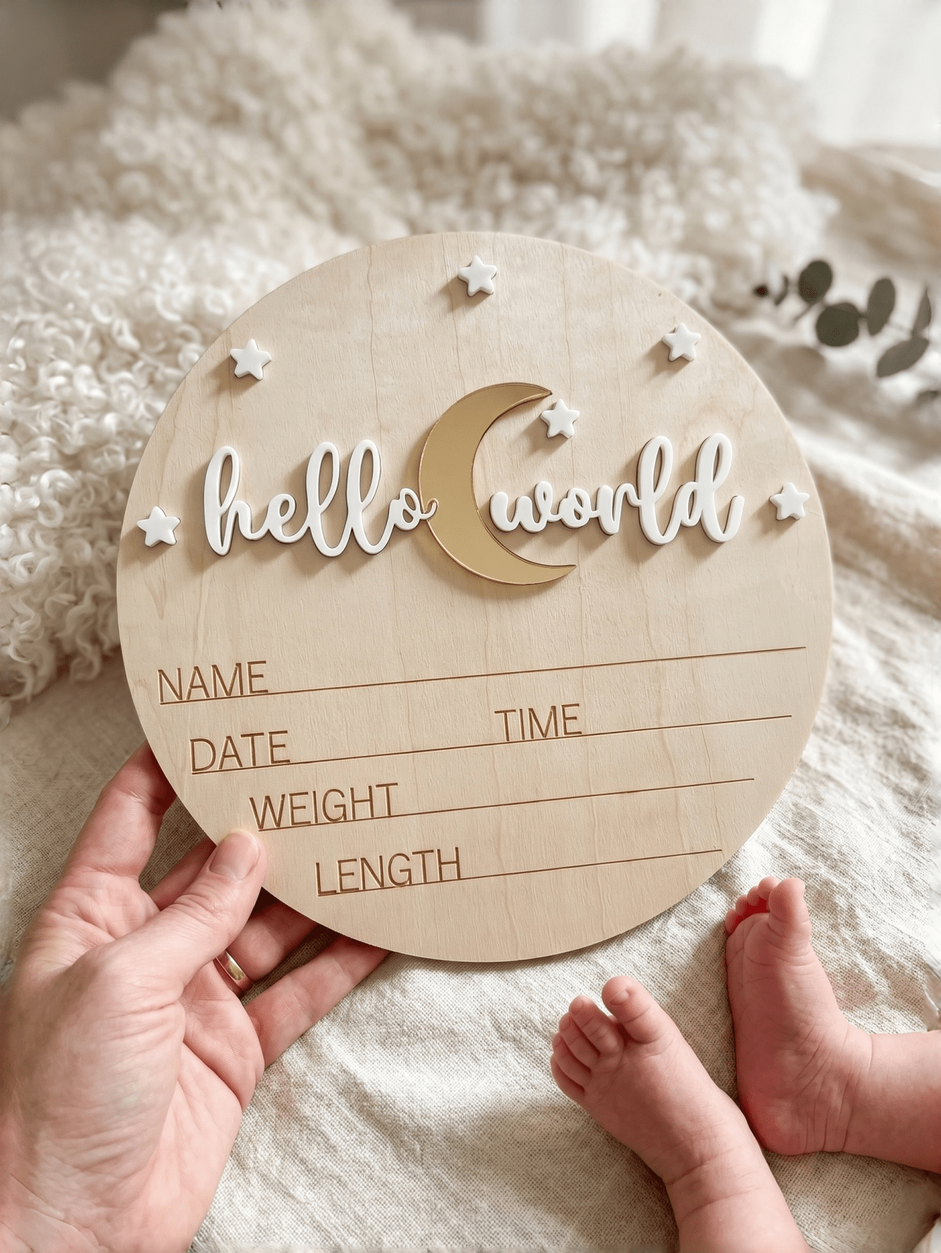 Hello World Birth Announcement Sign – Wooden Newborn Birth Stats Plaque, Baby Name Announcement Sign, Matte White Acrylic Hello World Wooden Plaque