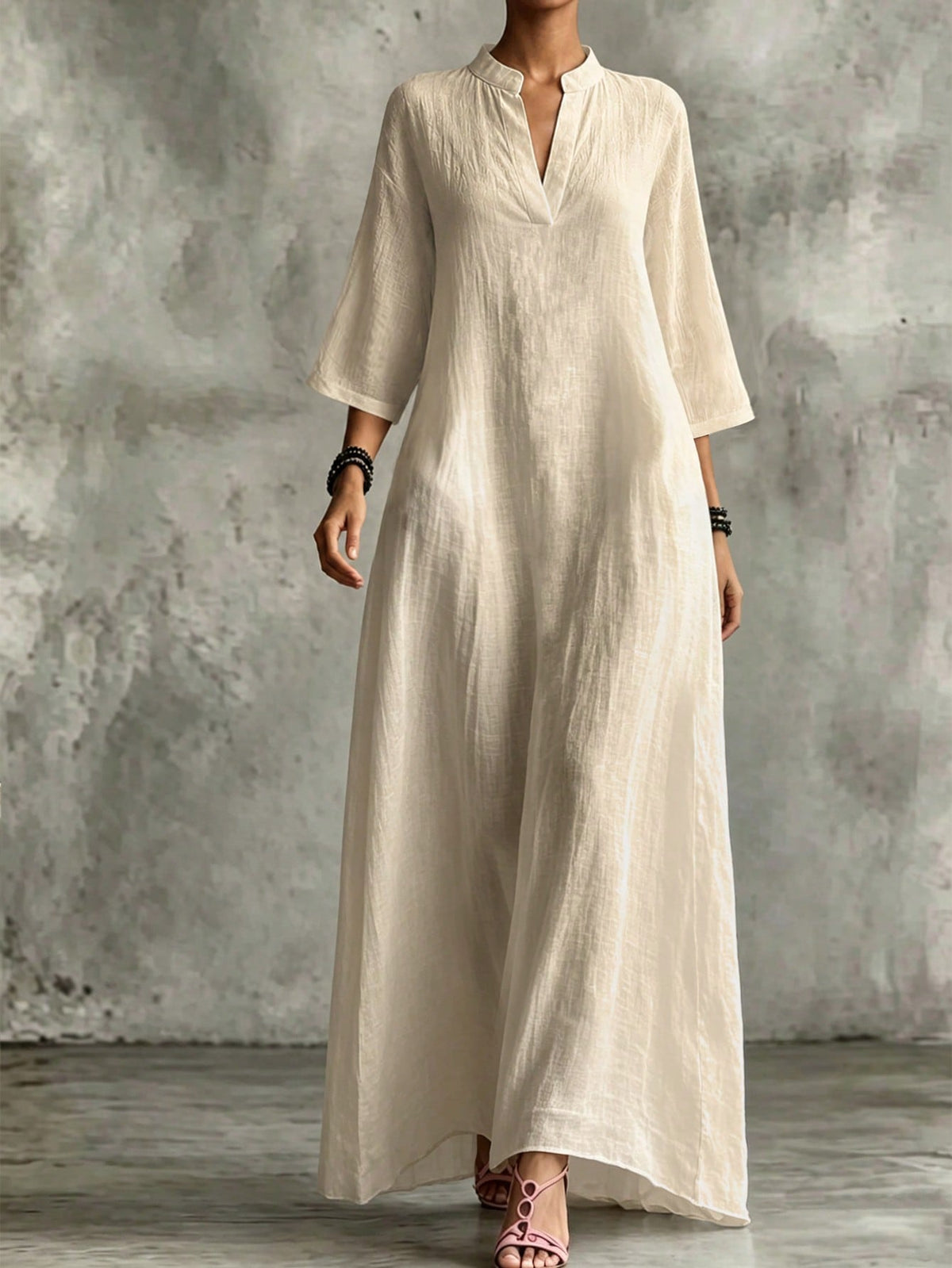 Holidaya Women's Loose Dress, Textured V-Neck Design, Light Apricot, Loose Fit Suitable For Vacation And Casual Long Dress, Women's Dress, Women's Elegant Dress, Women's Loose Dress, Women's Bea