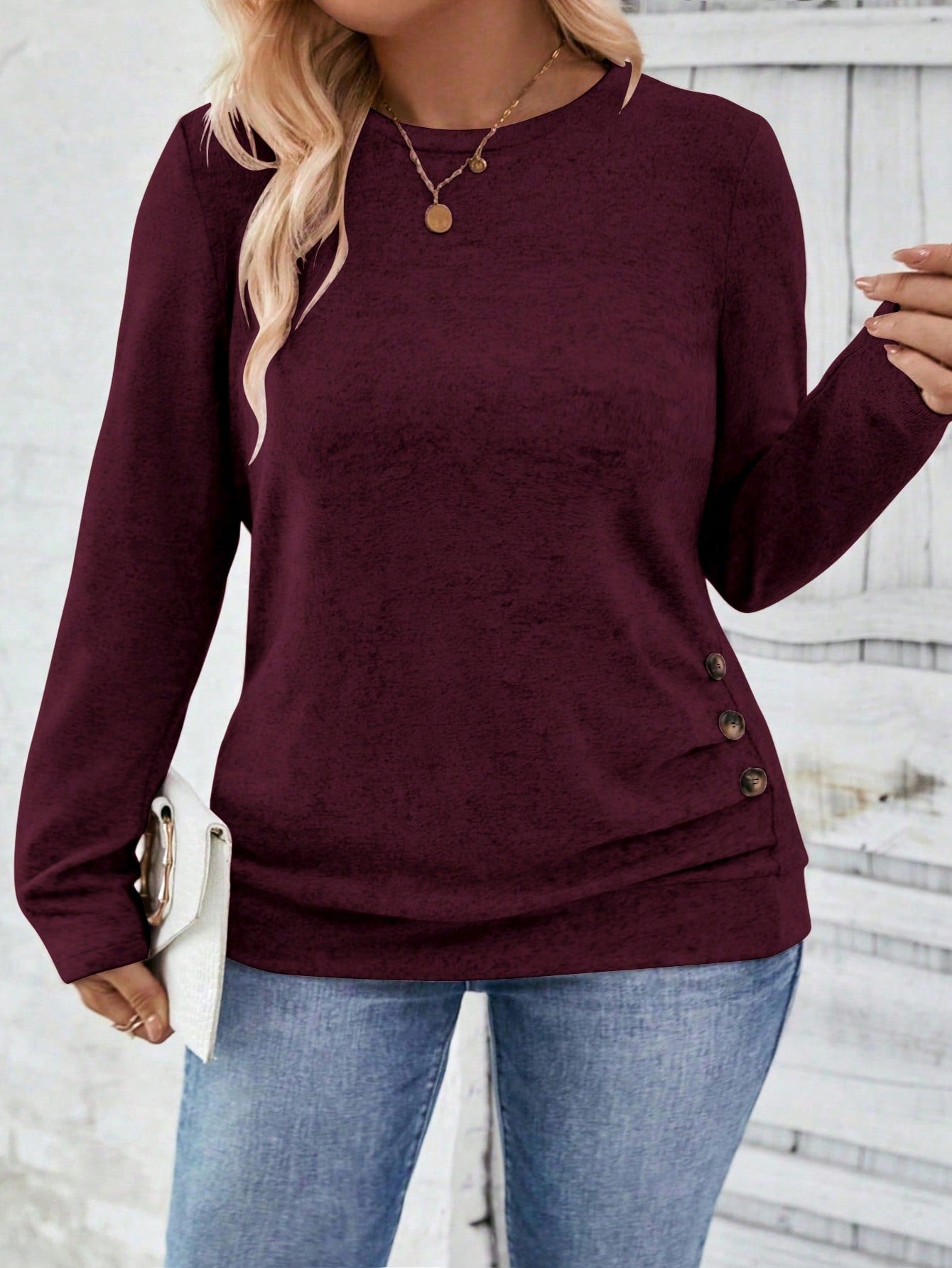 INAWLY Casual Chic Plus Size Round Neck Button Hem T-Shirt Fall Cloth For Women