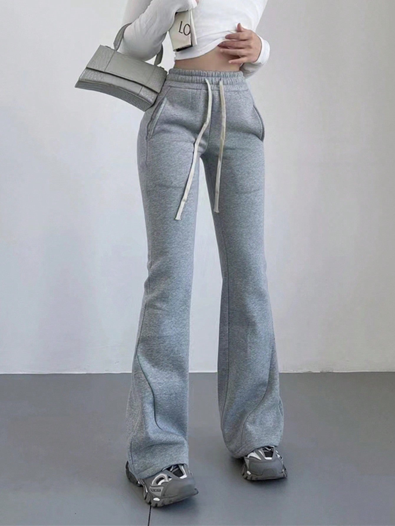 INAWLY Solva Women's Gray Solid Color Drawstring Pocket Casual Lounge Straight Sweatpants,Winter Fall Cloth,Back To School Teacher Graduation Outfits For Women