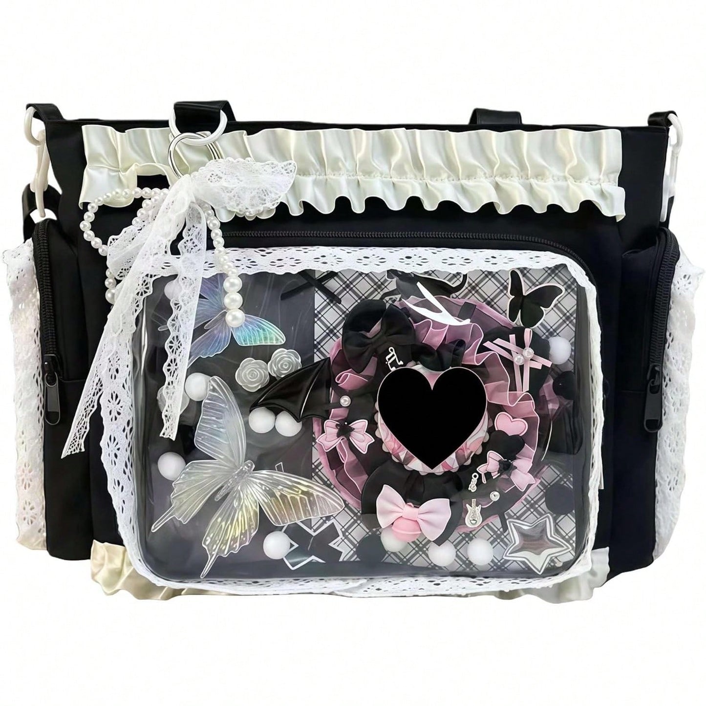 Ita Crossbody Tote Bag, Pin Display With Insert Large Messenger Bag, Cute Tote Bag With Zipper Ruffle, Japanese Aesthetic Y2k