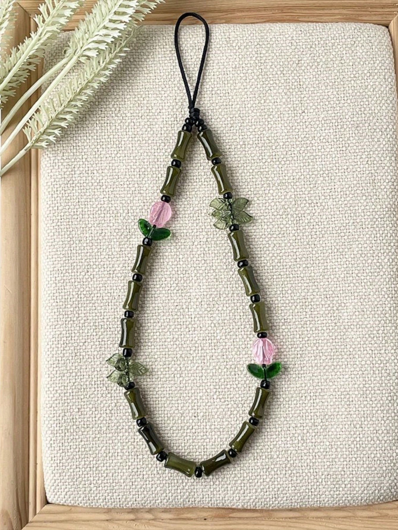 Jade Element 1pc Fashionable Creative Green Bamboo-Shaped Glass Beads And Tulip Flower Charms Phone Lanyard Traditional Auspicious Good Luck Phone Charm Suitable As Gift For Friends And Family Daily W