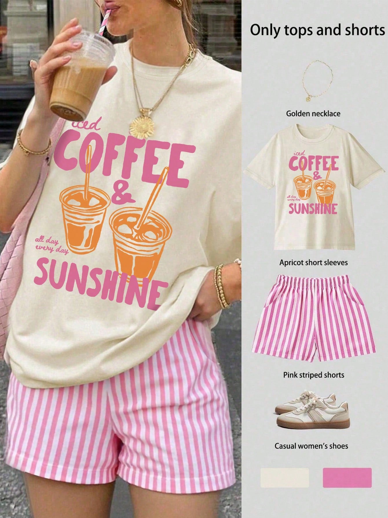 Jouncy Women's Beverage Letter Print T-Shirt And Striped Shorts 2 Pieces Set, Summer