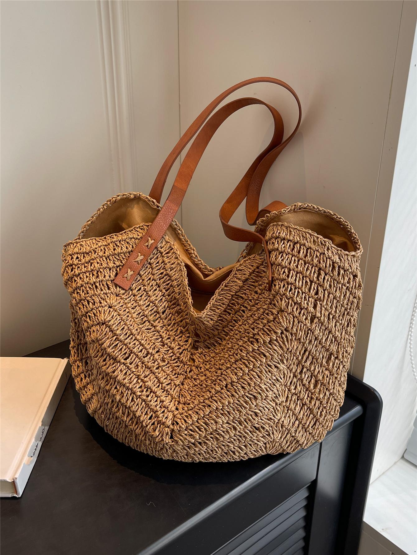 Large Capacity Woven Bag For Women,Handheld Shoulder Straw Tote Bag, Bag, Summer Woven Bag, Solid Color, 1pc, Suitable For Gifts