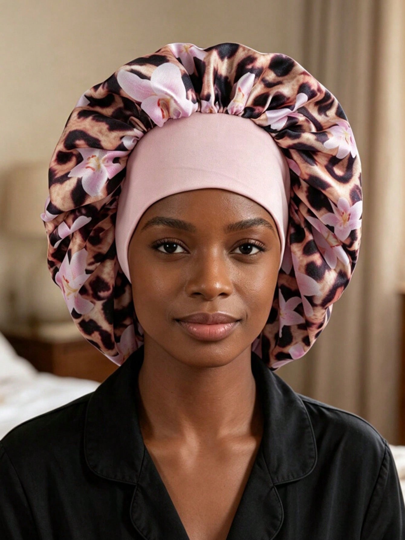 Leopard & Floral Print Satin Wide Band Bonnet, Silky Hair Sleep Cap For Natural Hair, Curly Hair, Braids, Night Turban Head Wrap