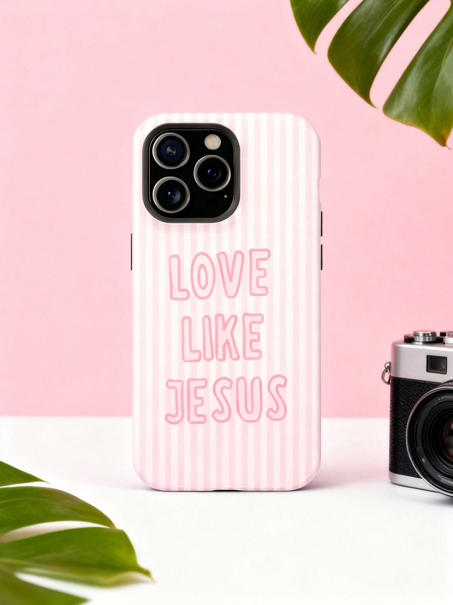 "Love Like Jesus" Christian Phone Case- Pink Stripe & Bible Verse Aesthetic For IPhone| Compatible With IPhone 17 16 15 14 13 12 11 8 7 X XR XS Durable, Shock-Absorbing, Luxury, Premium, Slim Fit