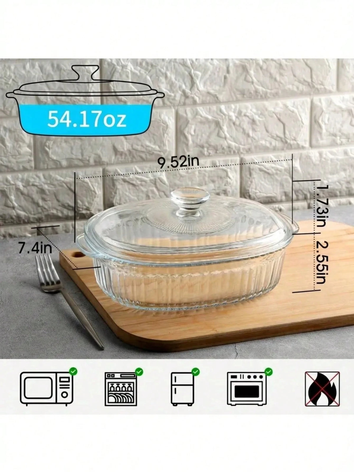 LOVEWE 1.9QT Borosilicate Glass Casserole Dish With Lid, Oven/Microwave- Bakeware (Sturdy Handles), Family Dinner Supplies, Christmas Party Supplies