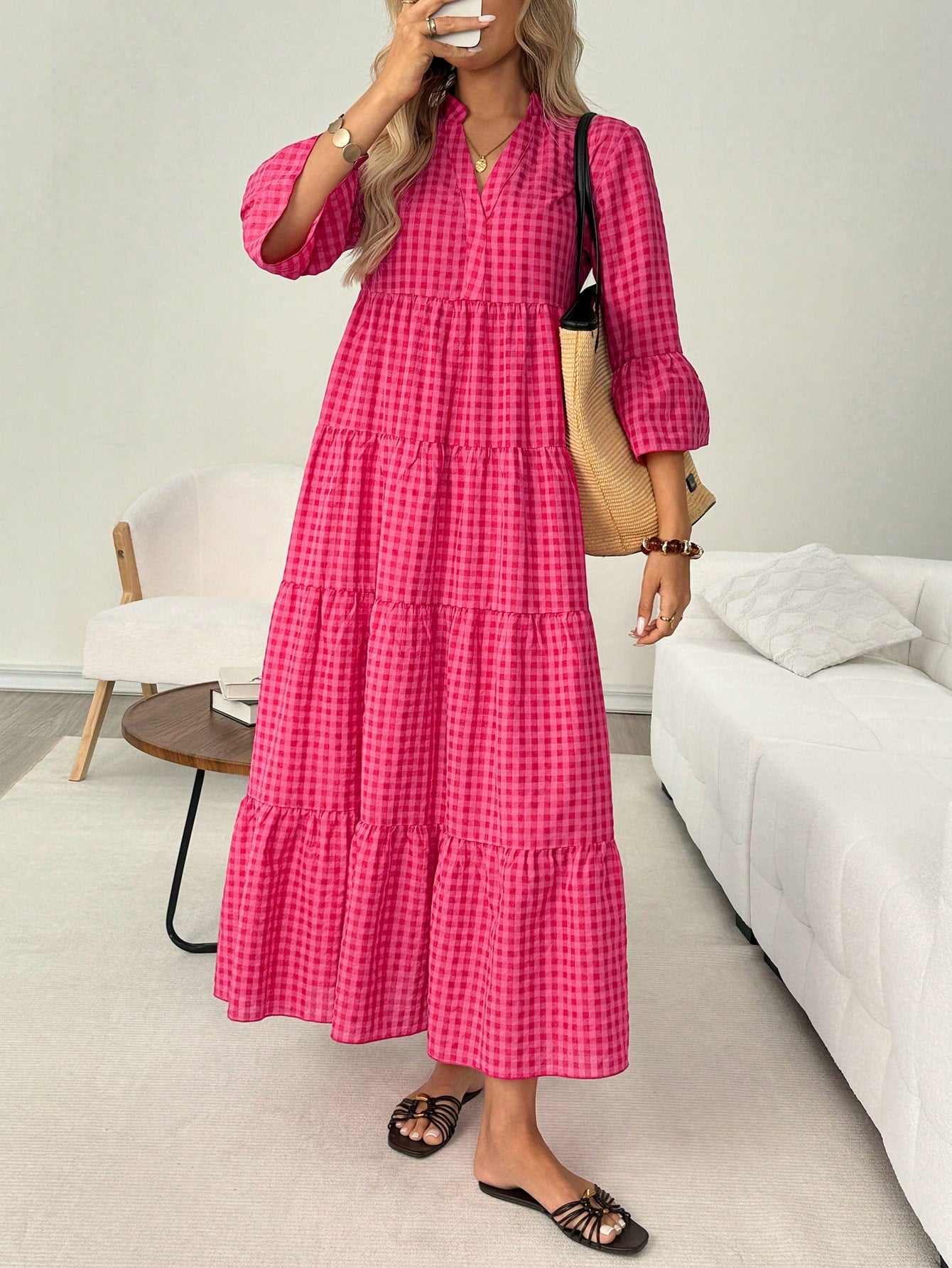 LUNE Casual Boho Women's Autumn Vacation Plaid Beach Picnic Dress Pink Plaid Gingham Clothes Outfits Holiday