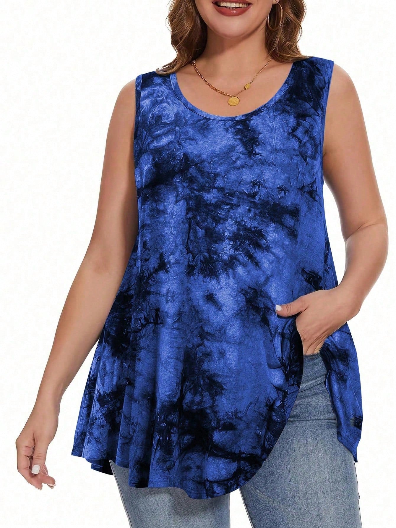 LUNE Casual Loose Tie Dye Blue Plus Size Top For Women