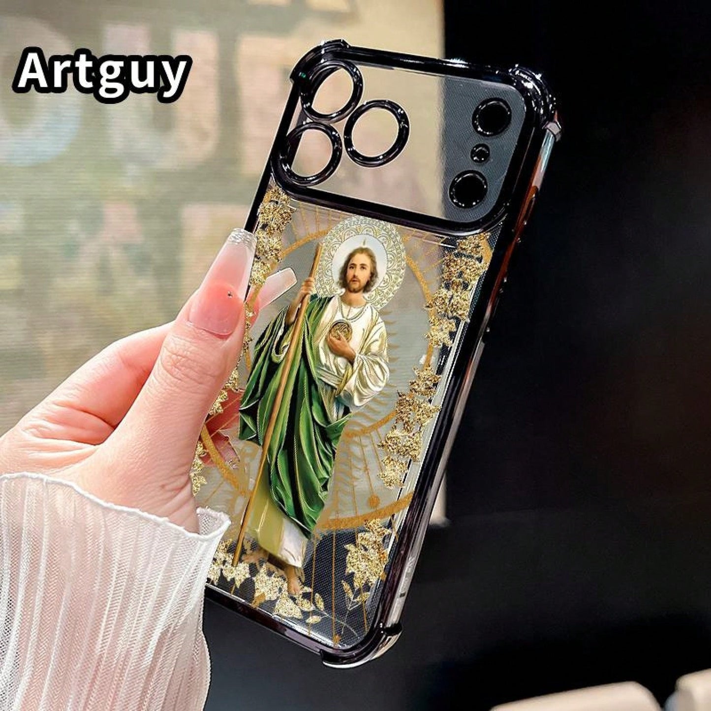 Luxury Saint Jude Thaddeus Transparent Electroplated Corner Shockproof Phone Case For IPhone 17 Pro Max 16 Air 15 Plus 14 13 12 11 E Heavy Duty Cushion Bumper Protective Cover Religious Gift For Men W