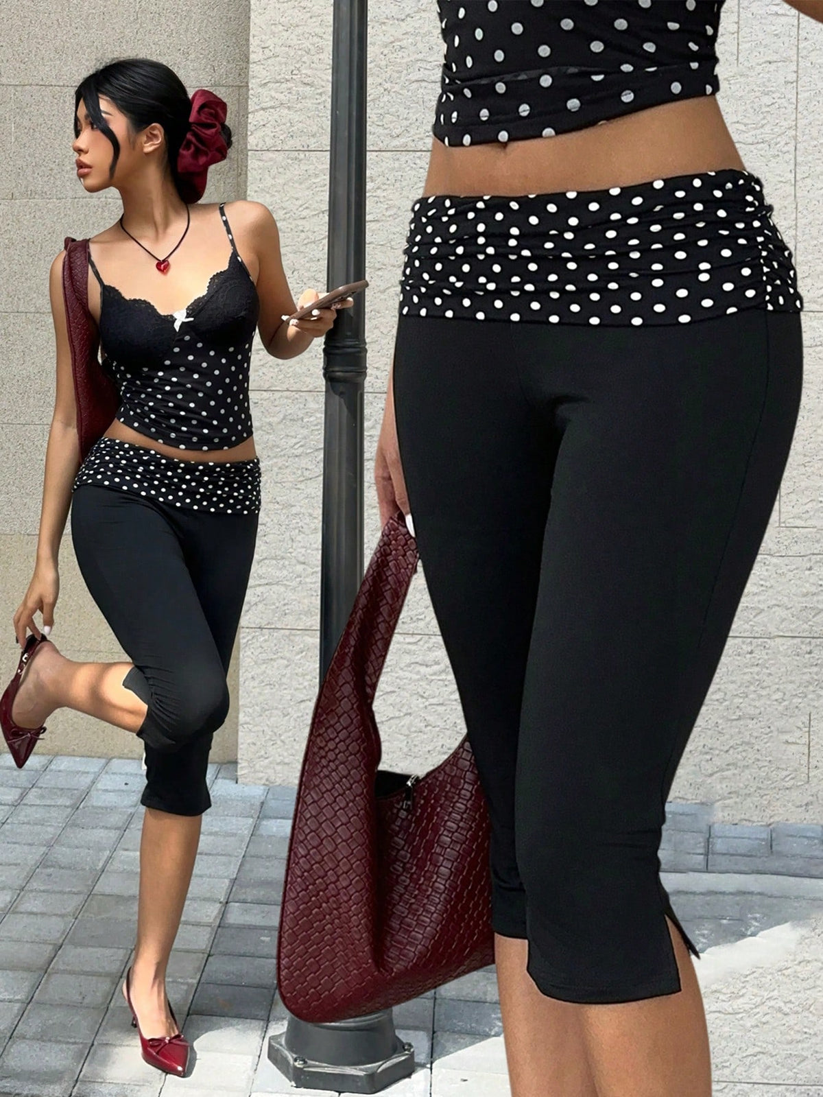 MainGRL Black Polka Dot Side Slit Casual Skinny Capri Leggings For Women,New Year Women,Casual For Women