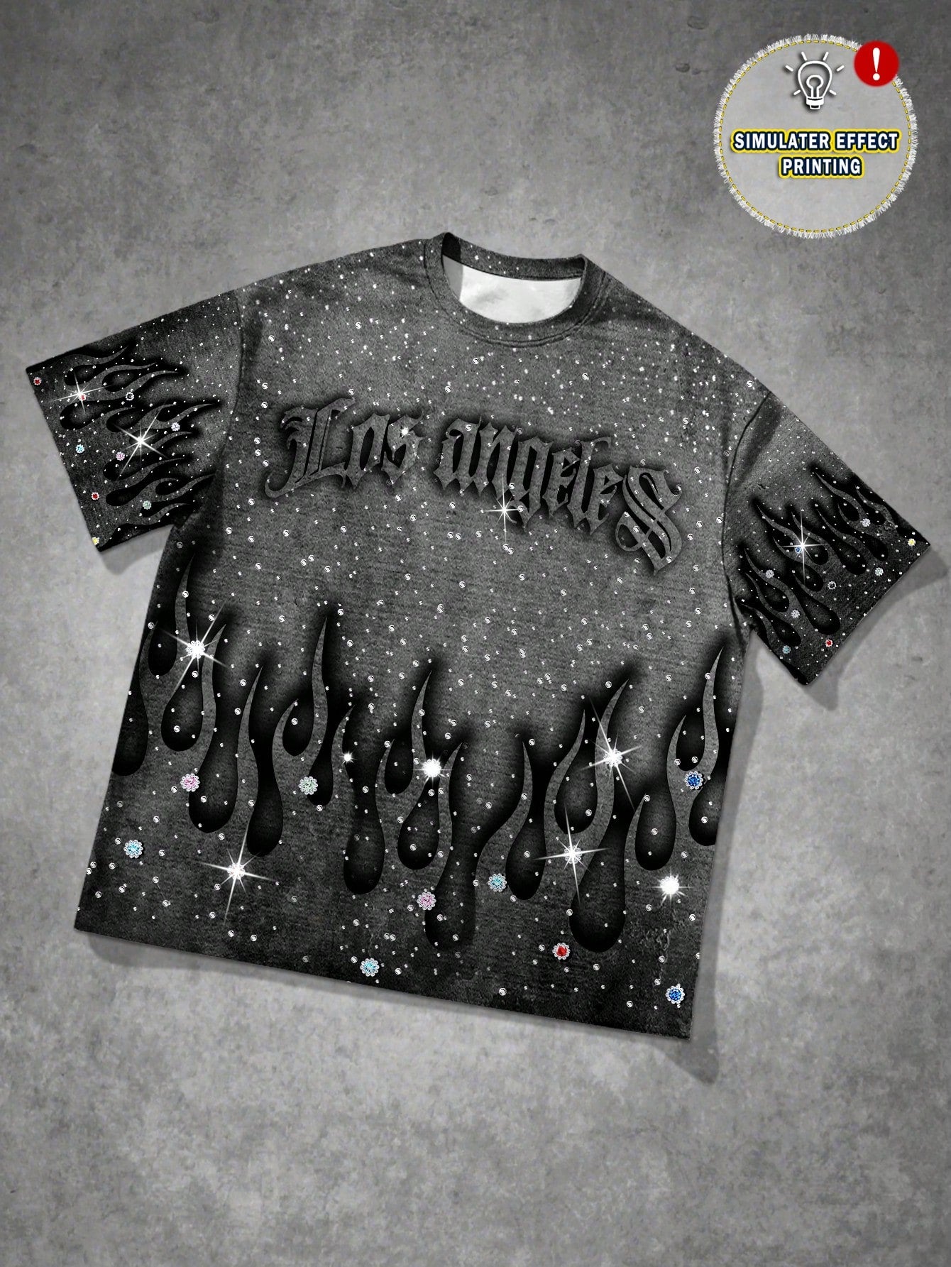 Manfinity EMRG Men's Dark Grey Summer Streetwear City Break Los Angeles Fire Flame Graphic Print T-Shirt,Vintage 2000s Gothic Rhinestone Oversized Short Sleeve Tee