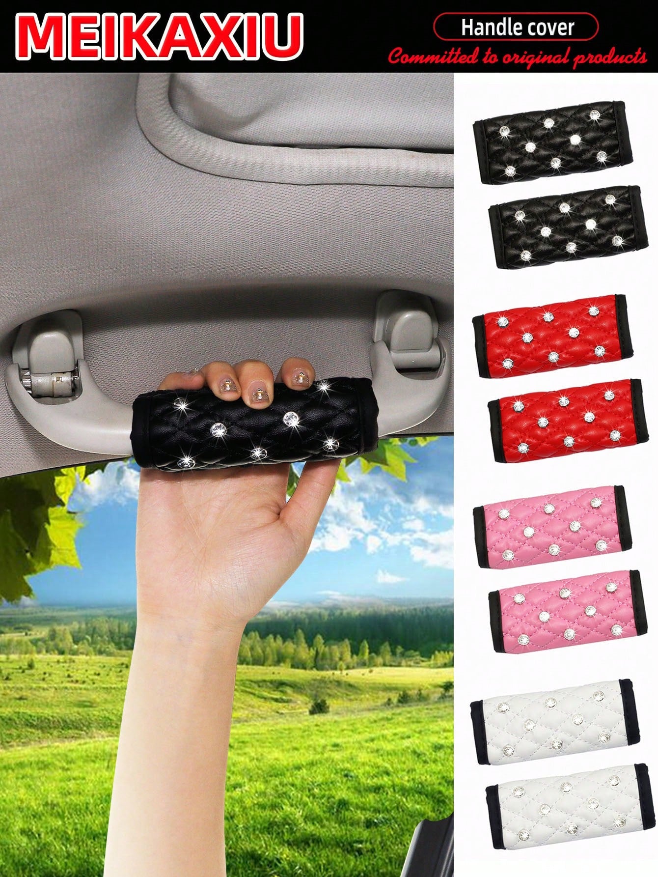 MEIKAXIU 2pcs Soft Faux Sheepskin With Rhinestones Shiny Blingbling Fabric Comfortable Breathable Car Interior Handle Protector Covers, Universal Fit