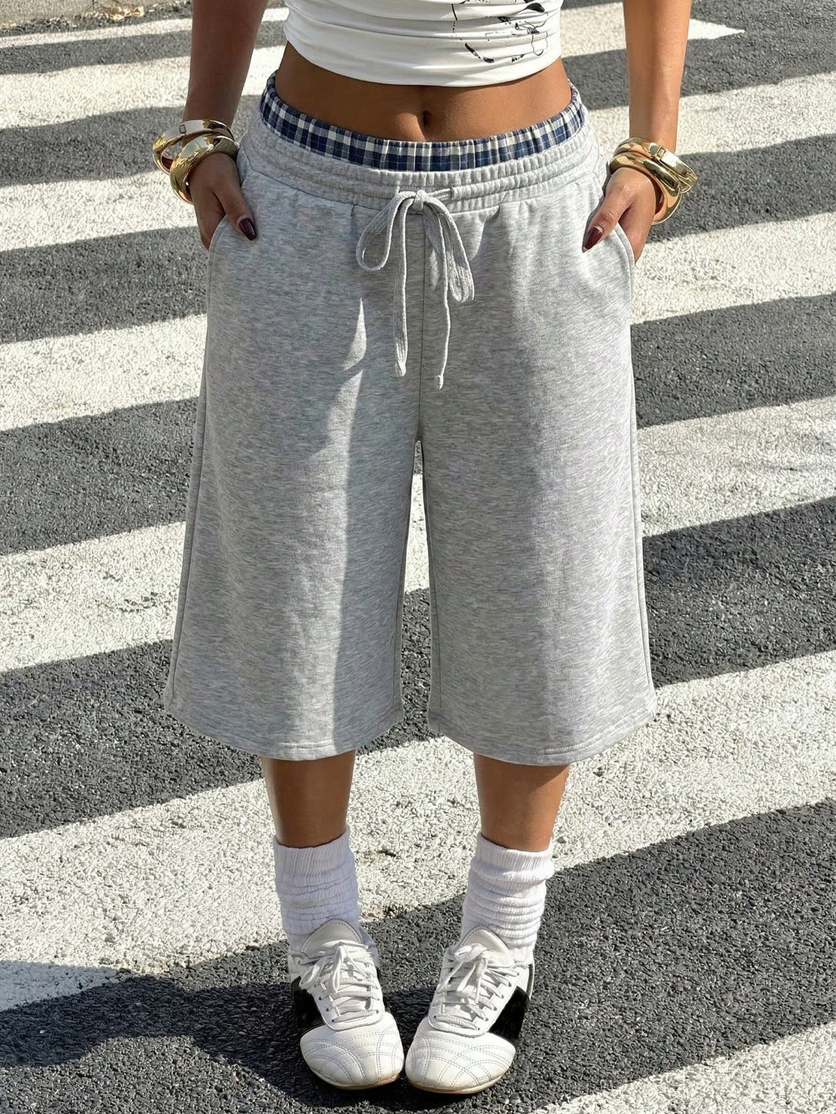 Muchica Gray Knitted Wide Leg Split Capris For Women Casual Athleisure Baggy Athletic Plaid Waist Detail Comfortable Summer Style Workout Gym
