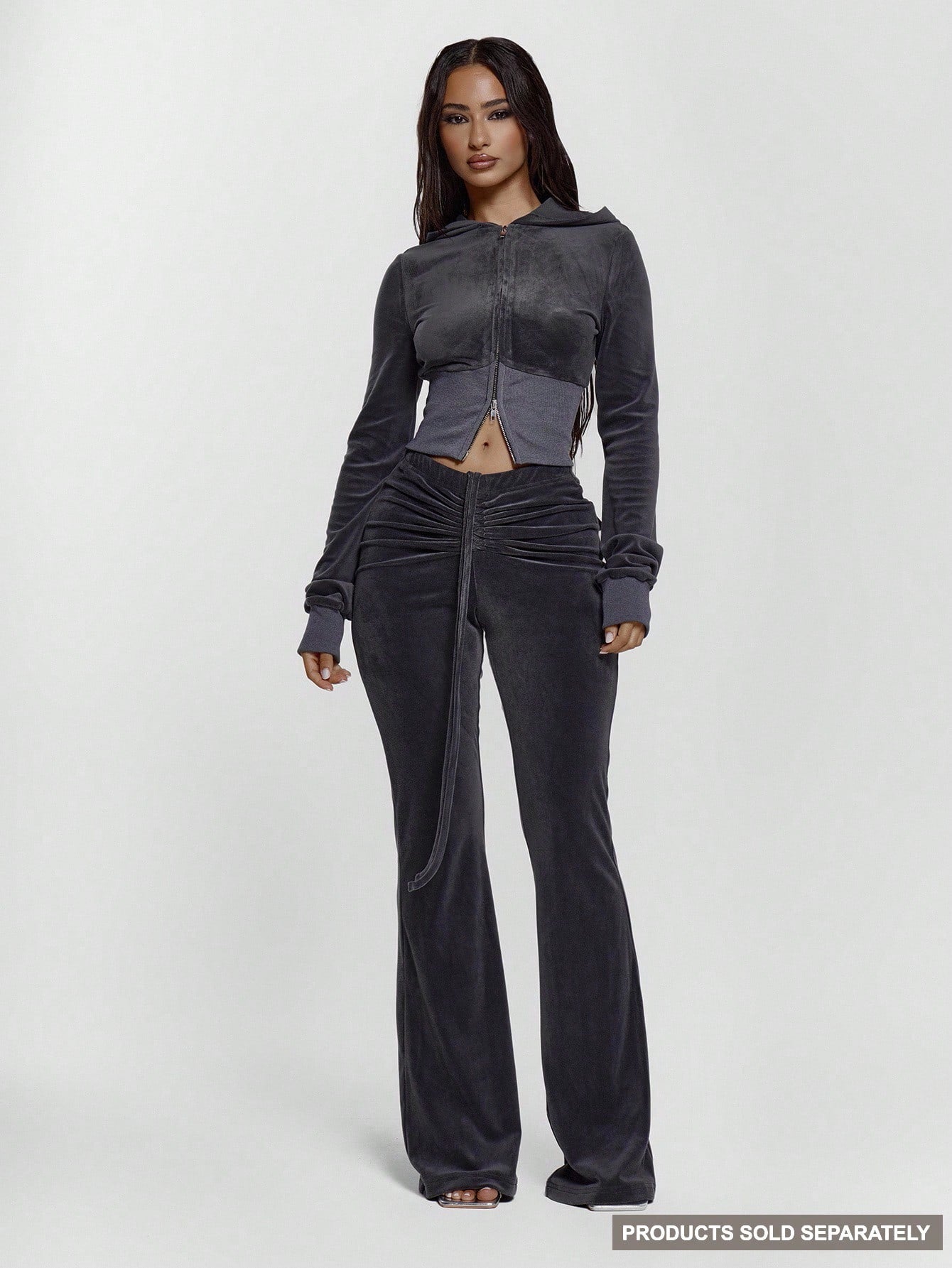 MUSERA Drawstring Tie Ruched Front Low Waist Velour Skinny Fitted Flare Trousers Bottoms Only Sexy Going Out Night Out Cute Streetwear Pants Spring Summer Casual Holiday Y2K