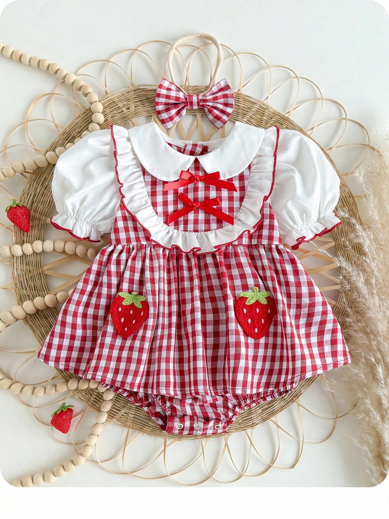 Newborn Baby Girl's Cute Red & White Plaid Strawberry Print Peter Pan Collar Bodysuit With Headband, Summer