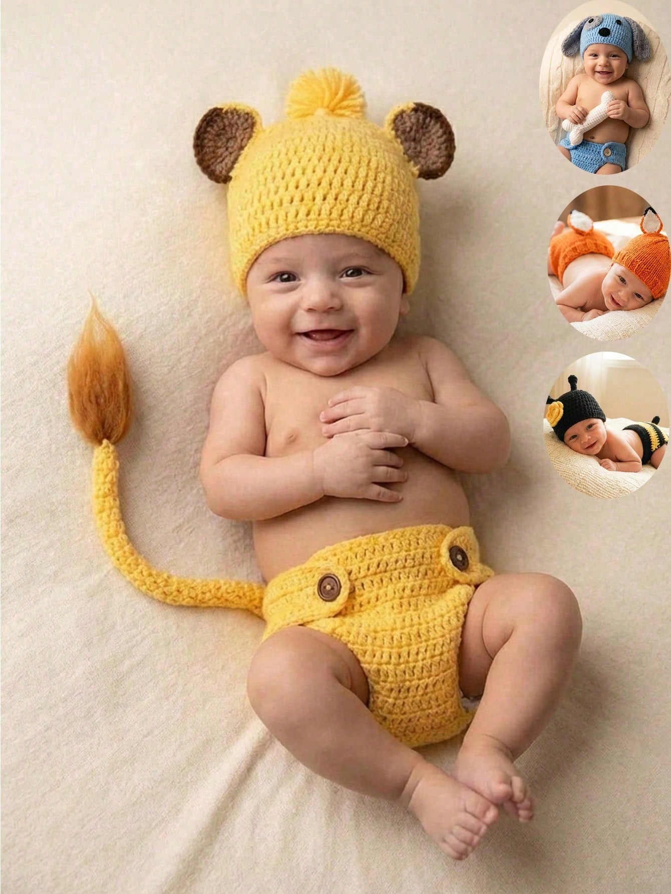 Newborn Baby Lion Photography Props Outfit, Handmade Crochet Knit Dog Puppy Bee Fox Animal Costume Set, Infant Boy Girl Photo Shoot Hat & Diaper Cover Suit