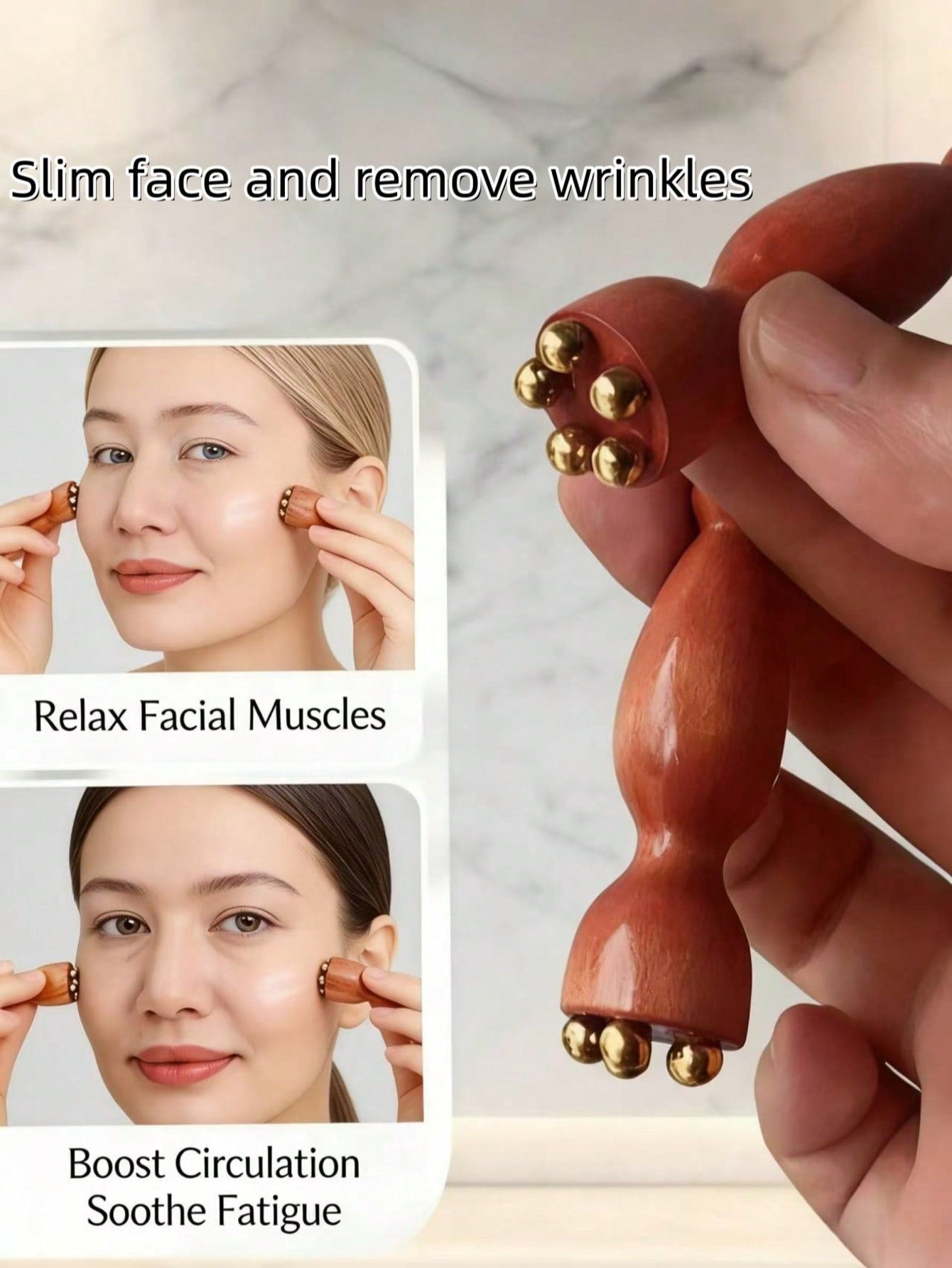 OBOVAY 2pcs Pure Brass Facial Massage Tool| Lotus Shaped Facial Beauty Scrub, Eye And Face Acupressure Massager For Skincare, Wooden Traditional Chinese Medicine Acupressure Massager