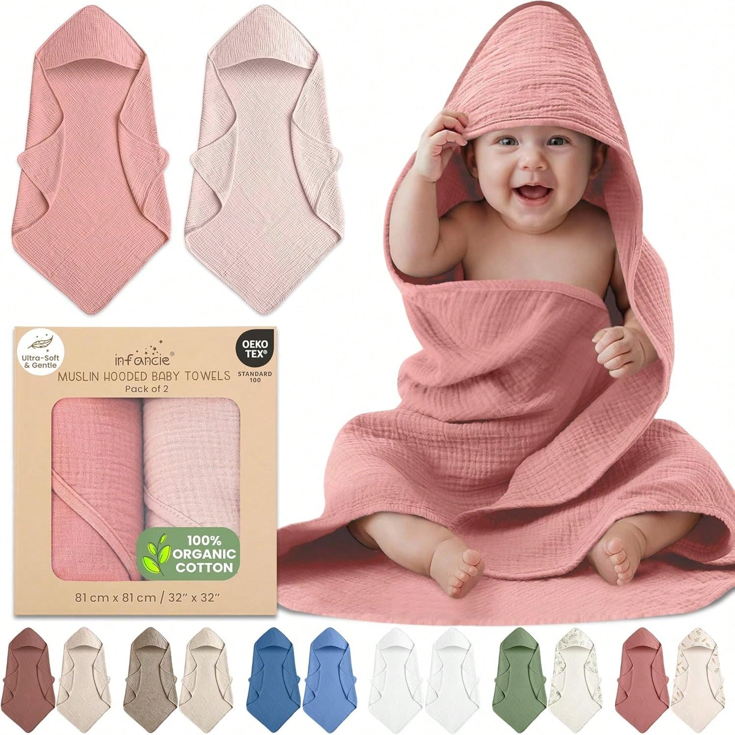 Organic Cotton Muslin Baby Hooded Towels Soft & Absorbent Baby Towels For Newborn For Boys & Girls, Premium Hooded Towels, Ultra-Gentle Baby Essential
