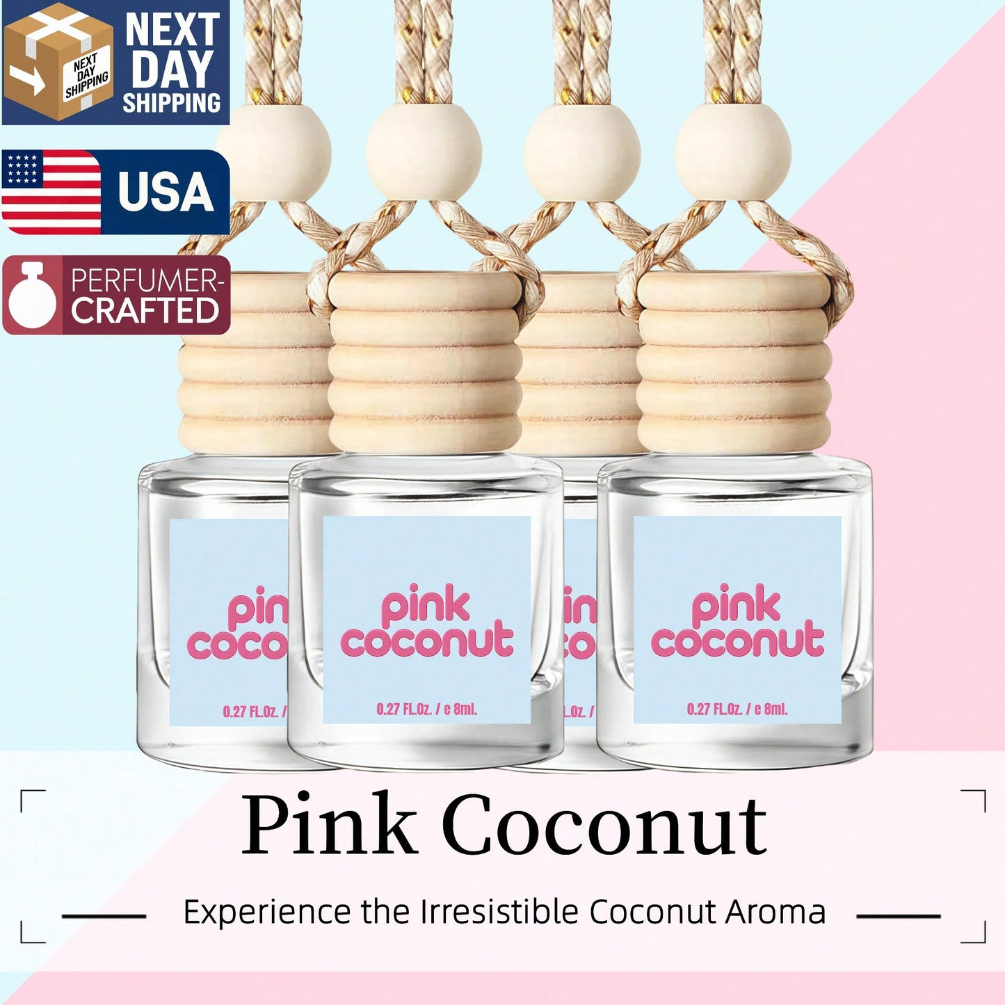 Osmore Summer Tropical Gift For Girls & Women, Pink Coconut Breeze Car Air Freshener Diffuser, Long-Lasting Hanging Fragrance Oil, Aromatherapy Essential Oil, 4-Pack Beachy Car Perfume Pendant, Cute C