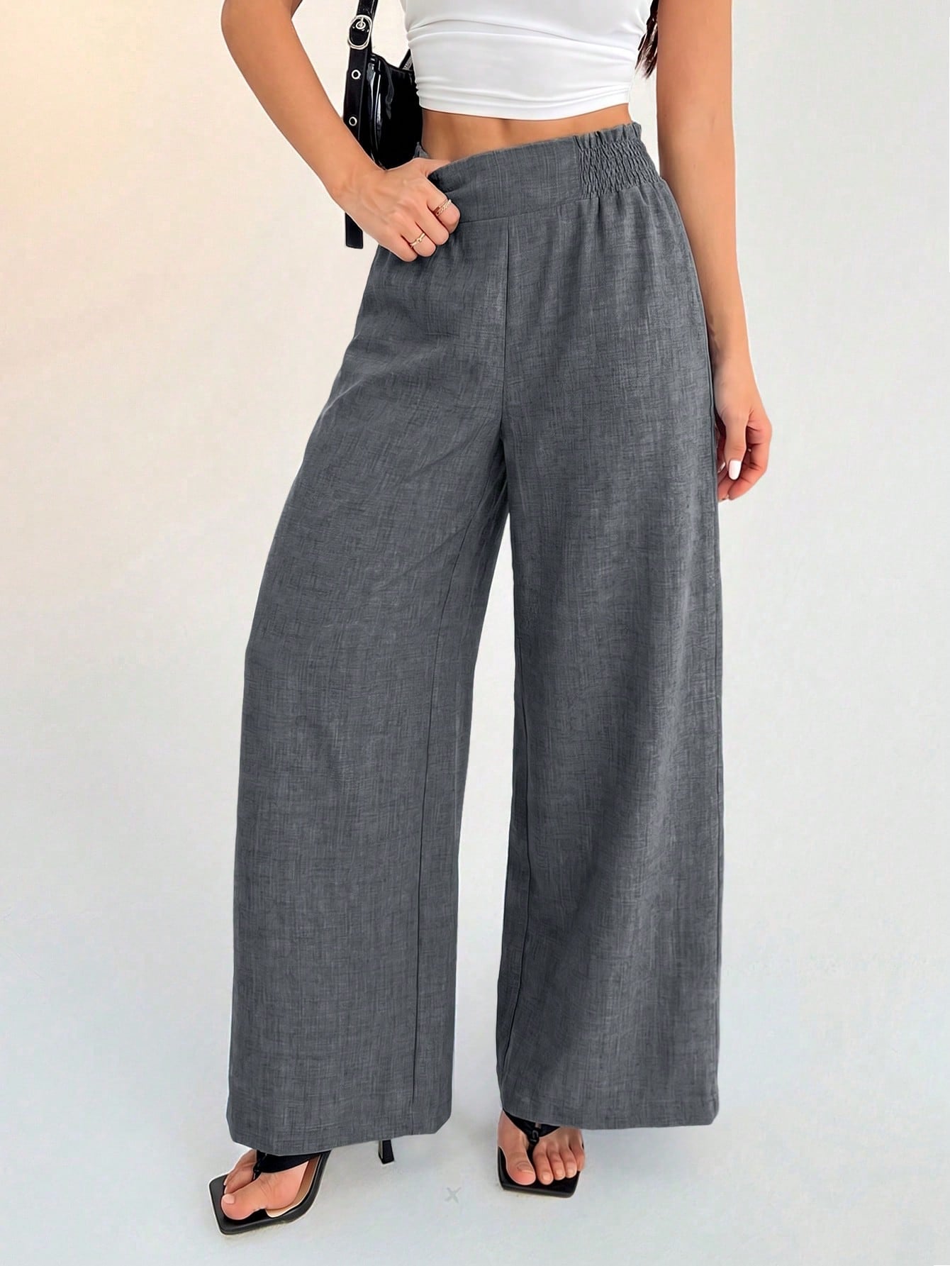 PETITE Women's Casual Vacation Waistband Blue Wide Leg Pants,Petite Women