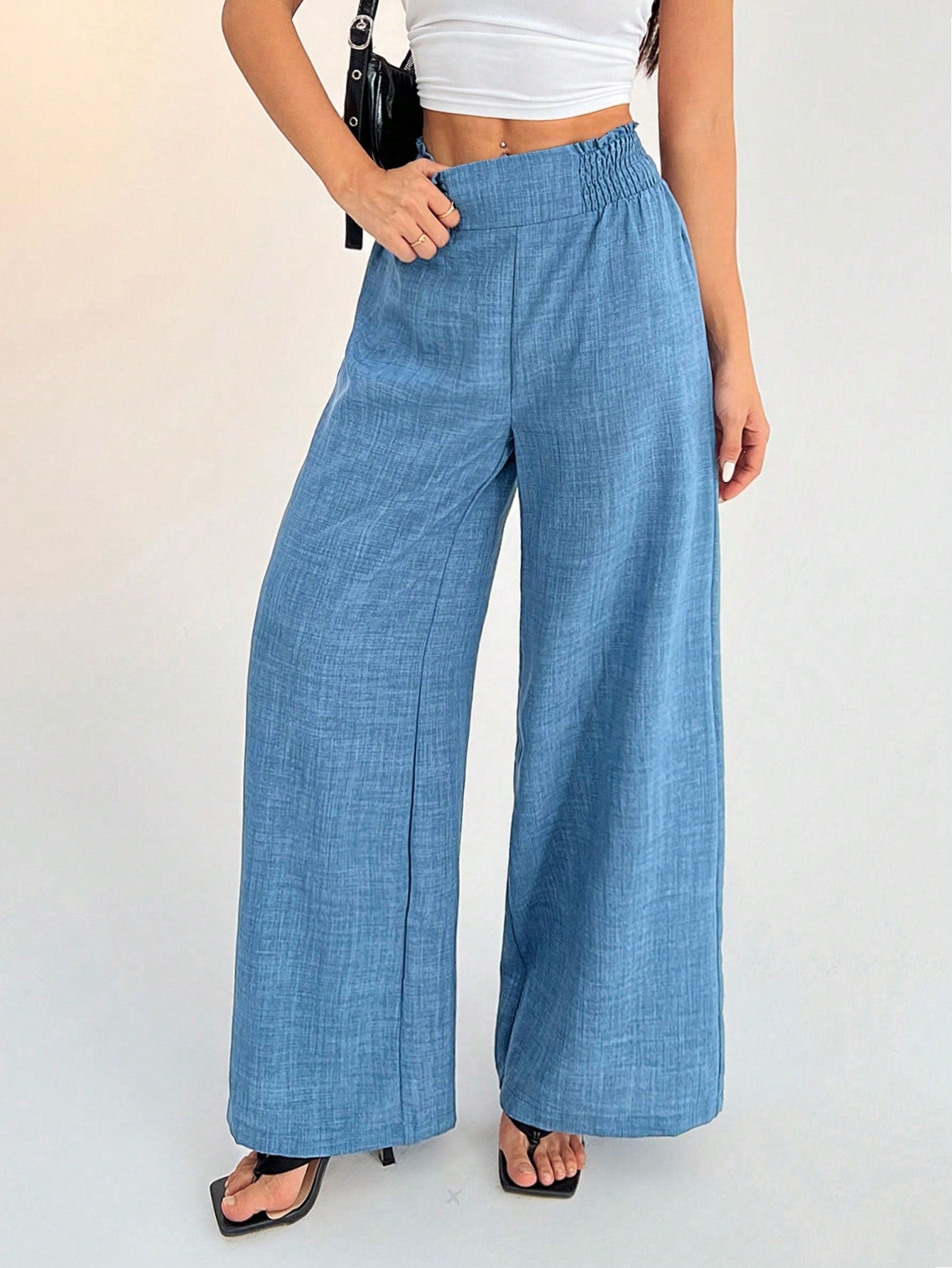 PETITE Women's Casual Vacation Waistband Dusty Blue Wide Leg Pants,Petite Women Vacation Summer