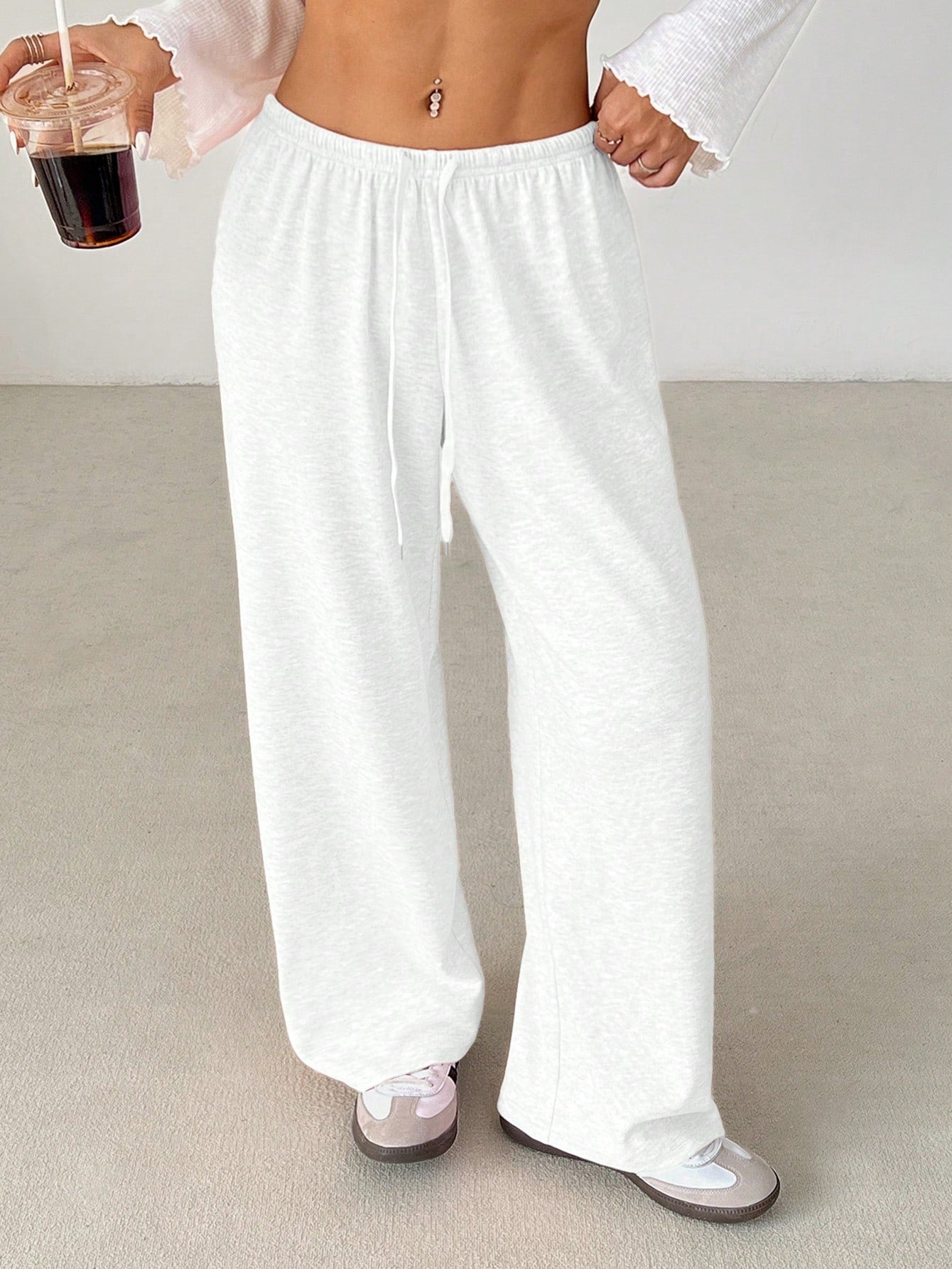 PETITE Women's Solid Color Drawstring Waist Soft Knit Loose Casual Pants, Fall/Winter, Baggy Pants,Petite Women