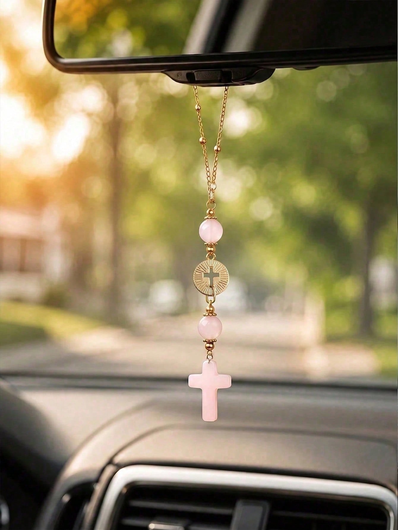 Pink Crystal Cross Car Rearview Mirror Hanging Ornament, Bohemian Handmade Sun Catcher With Gold Chain And Natural Stone Beads, Elegant Spiritual Protection Amulet, Suitable For Various Car Interior D